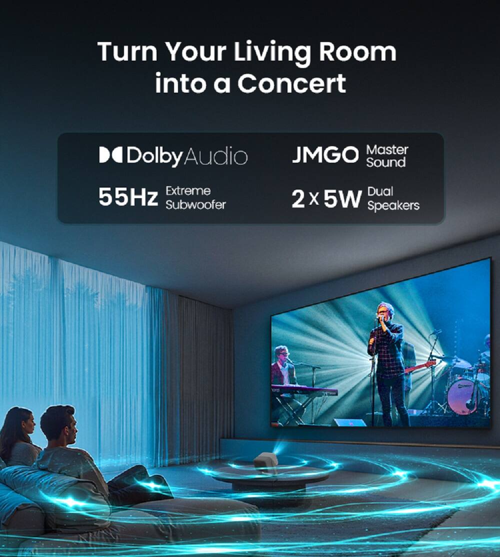Turn Your Living Room into a Concert

- Dolby Audio
- 55Hz Extreme Subwoofer
- JMGO Master Sound
- 2 x 5W Dual Speakers
