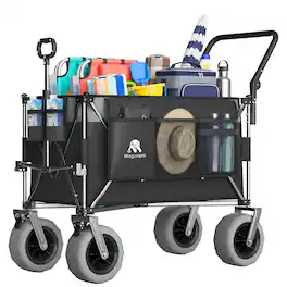 Loheer - Folding Beach Wagon with All Terrain Balloon Wheels, Adjustable Push Pull Handles, Black and Gray