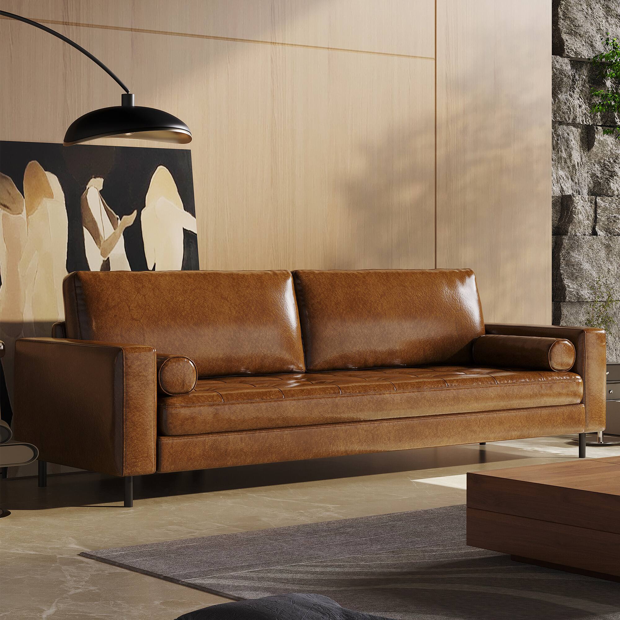 Front. luck idea - 80.31" Luxury Oil-Waxed Leather Sofa, High-End Vintage Sofa, Sturdy Frame, Comfortable Seating - Brown.