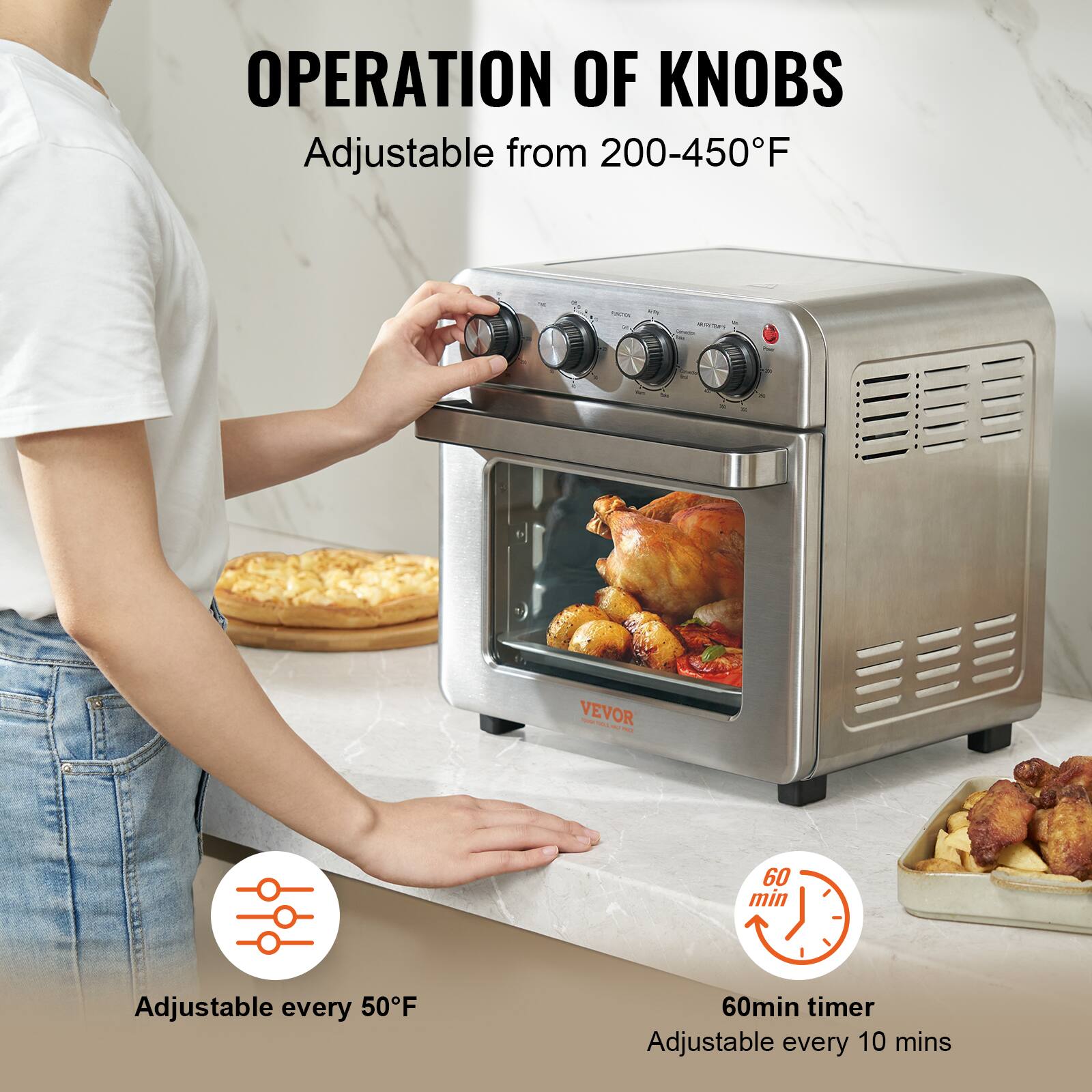 OPERATION OF KNOBS
Adjustable from 200-450°F
Adjustable every 50°F
60min timer
Adjustable every 10 mins