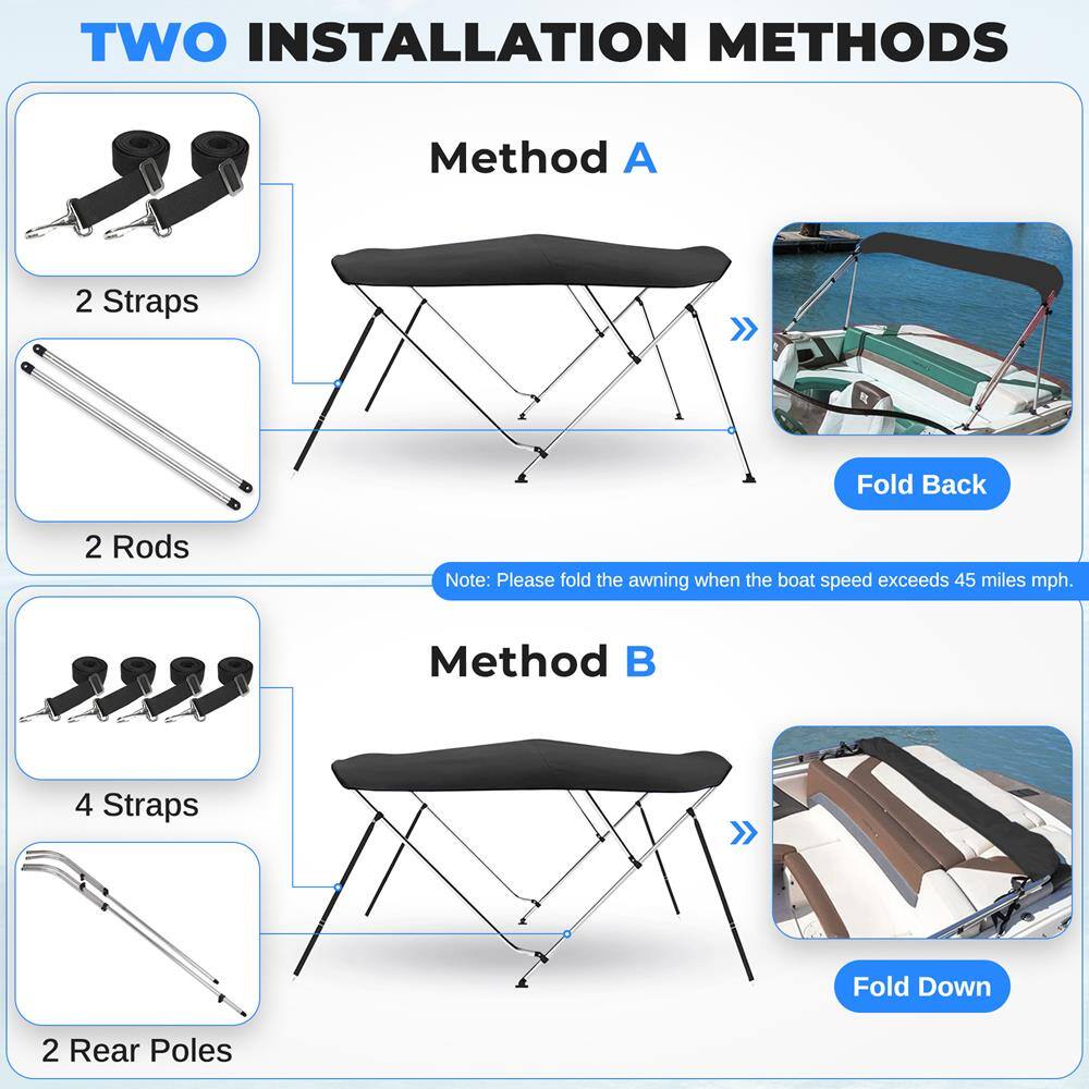 TWO INSTALLATION METHODS

Method A
- 2 Straps
- 2 Rods
- Fold Back

Note: Please fold the awning when the boat speed exceeds 45 miles mph.

Method B
- 4 Straps
- 2 Rear Poles
- Fold Down