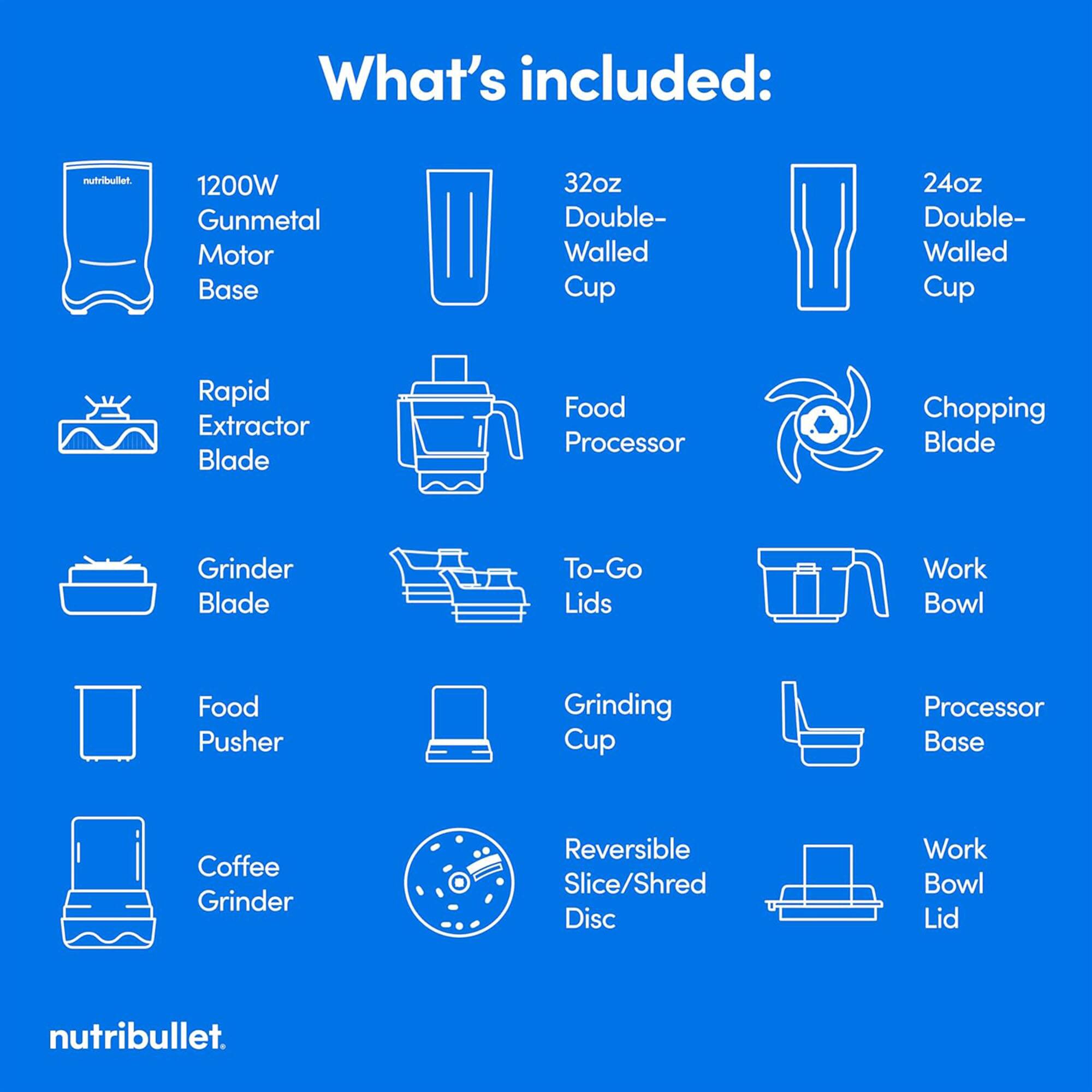 What's included:

- Nutribullet
- 1200W Gunmetal Motor Base
- 32oz Double-Walled Cup
- 24oz Double-Walled Cup
- Rapid Extractor Blade
- Food Processor
- Chopping Blade
- Grinder Blade
- To-Go Lids
- Work Bowl
- Food Pusher
- Grinding Cup
- Processor Base
- Coffee Grinder
- Reversible Slice/Shred Disc
- Work Bowl Lid