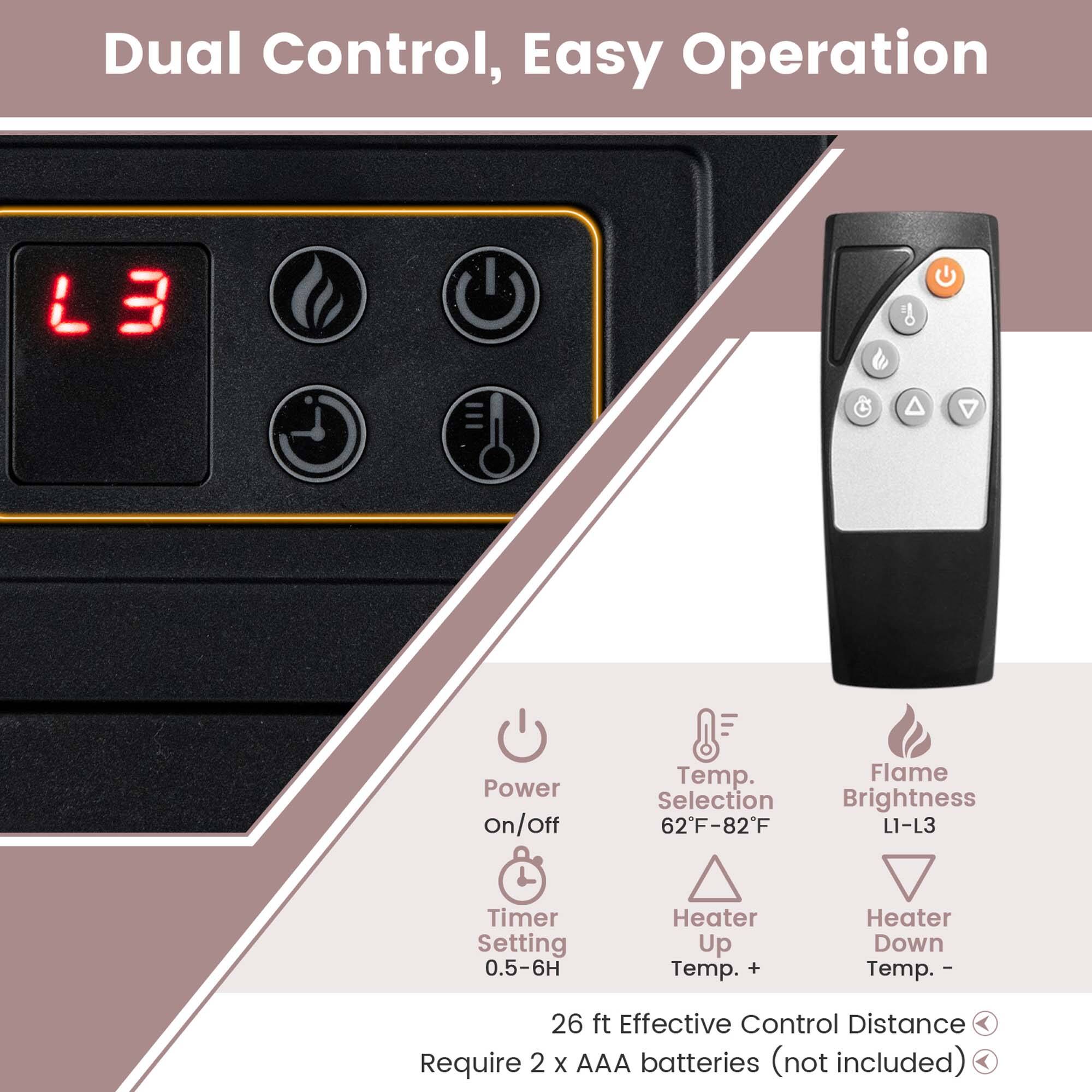 Dual Control, Easy Operation

- Power On/Off
- Temp. Selection 62°F-82°F
- Flame Brightness L1-L3
- Timer Setting 0.5-6H
- Heater Up Temp. +
- Heater Down Temp. -
- 26 ft Effective Control Distance
- Require 2 x AAA batteries (not included)