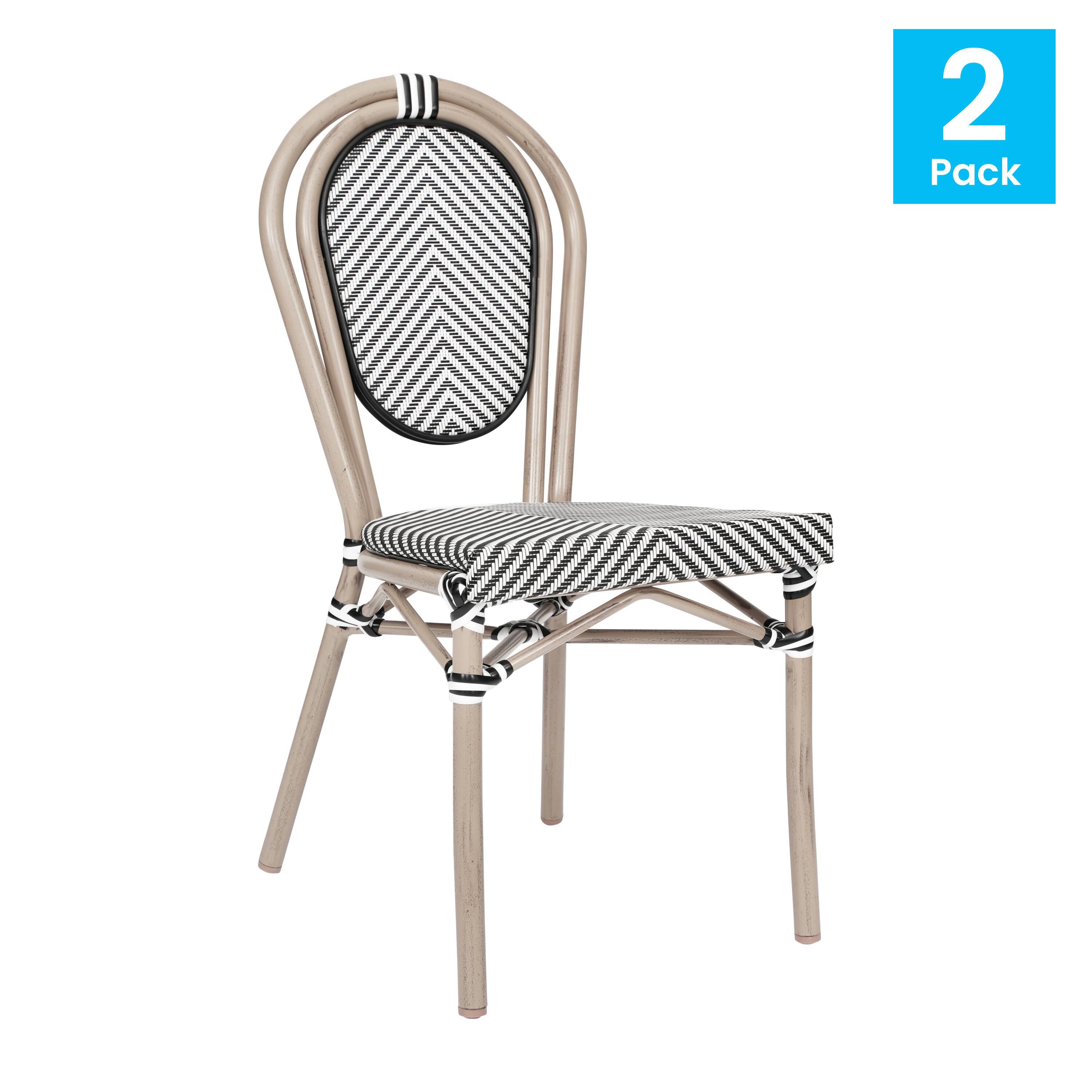 Alt View 1. Emma + Oliver - 2 Pack Stacking Bistro Chair with Bamboo Print Metal Frame - Black & White/Light Natural Frame.