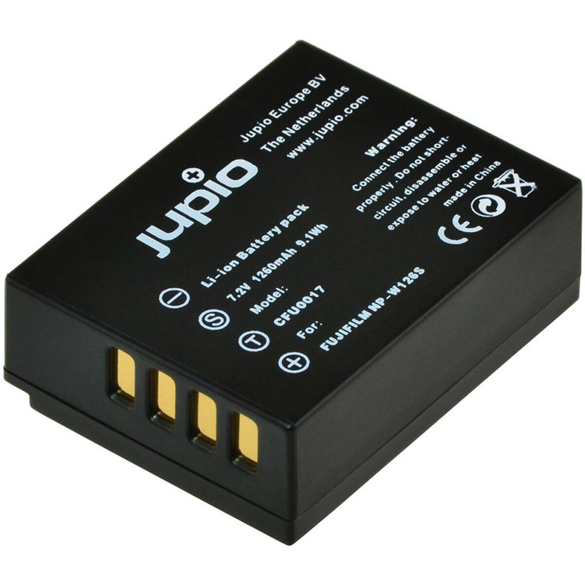 Jupio Europe BV  
The Netherlands  
www.jupio.com  

Jupio  
Li-ion Battery Pack  
7.2V 1260mAh 9.1Wh  
Model: CFU0017  
For: FUJIFILM MP-NP-W126S  

Warning:  
Do not short-circuit, disassemble or expose to heat.  
Do not expose to water.  
Made in China  

CE