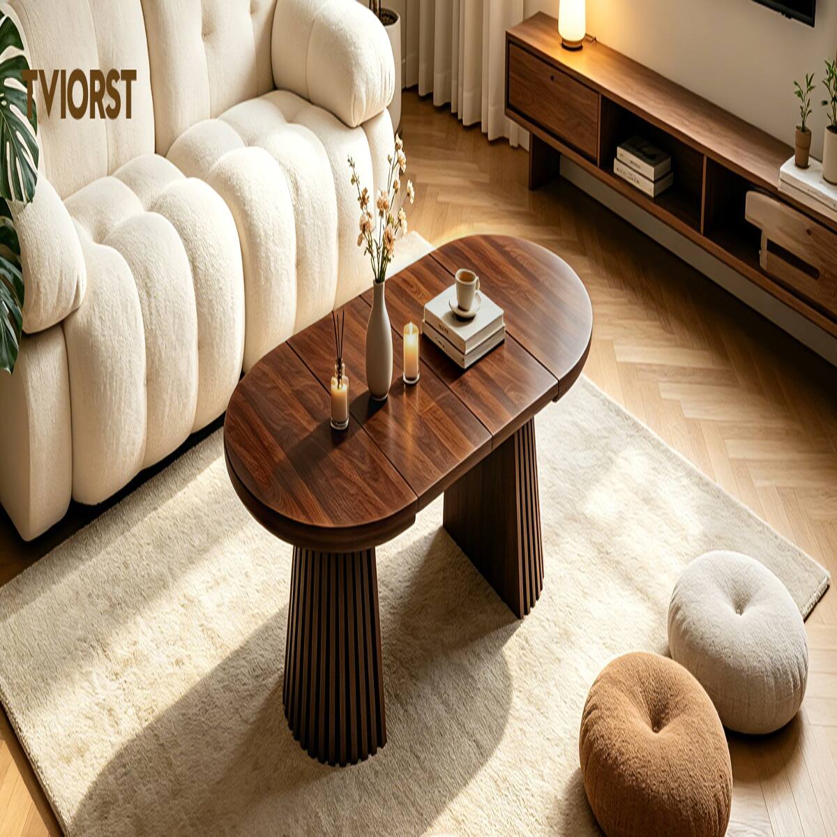 Alt View 6. Loheer - Loheer Walnut-Colored Oval Coffee Table, Extendable Wooden Table for Dining or Living Room - Walnut.