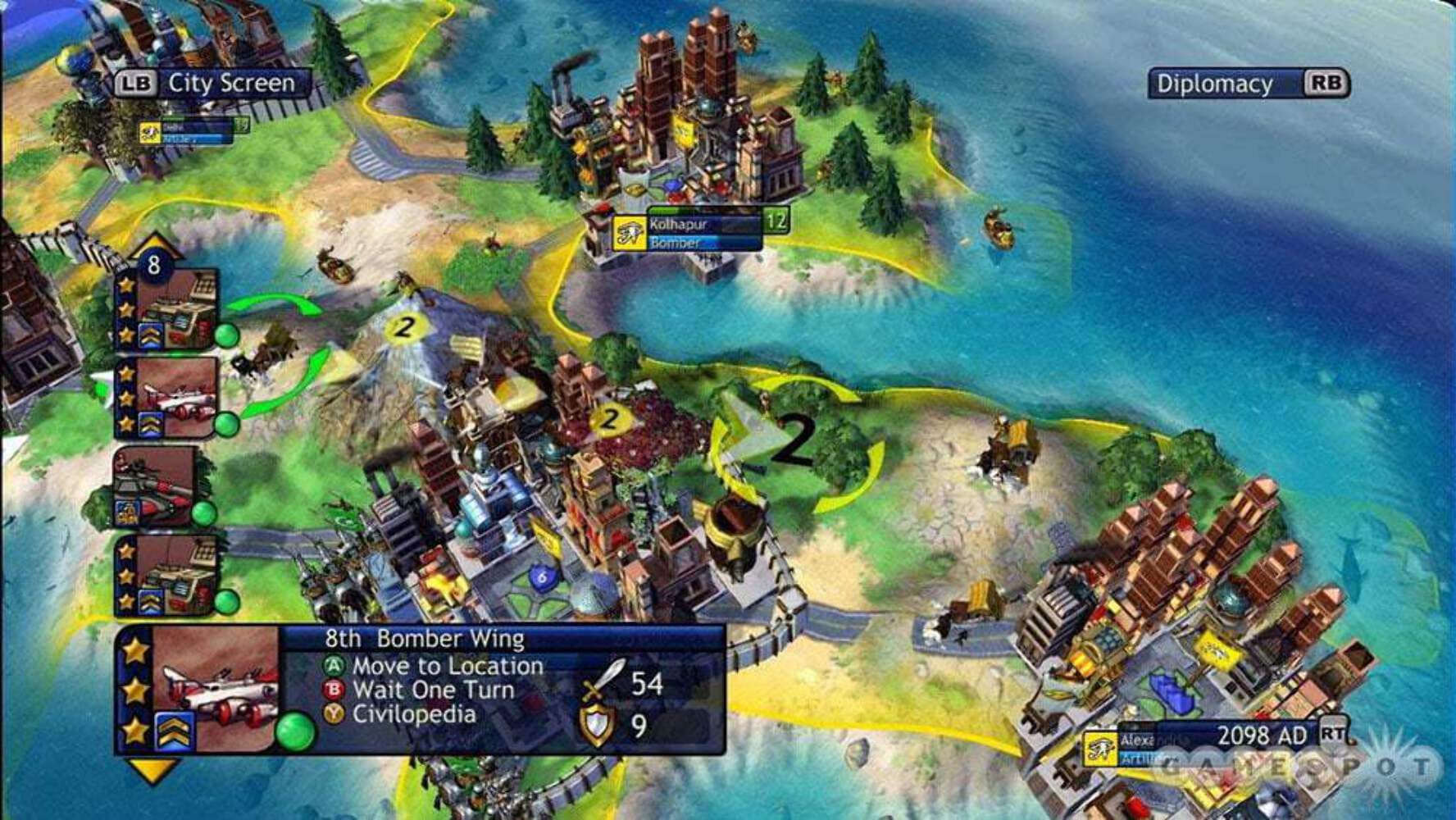 LB City Screen  
Diplomacy RB  

8th Bomber Wing  
- Move to Location B  
- Wait One Turn  
- Civilopedia  

Kolhapur Bomber 12  
2 2 2 6  

Alexa 2098 AD RT  
Artill GAMESPOT  

Civilopedia 54 9