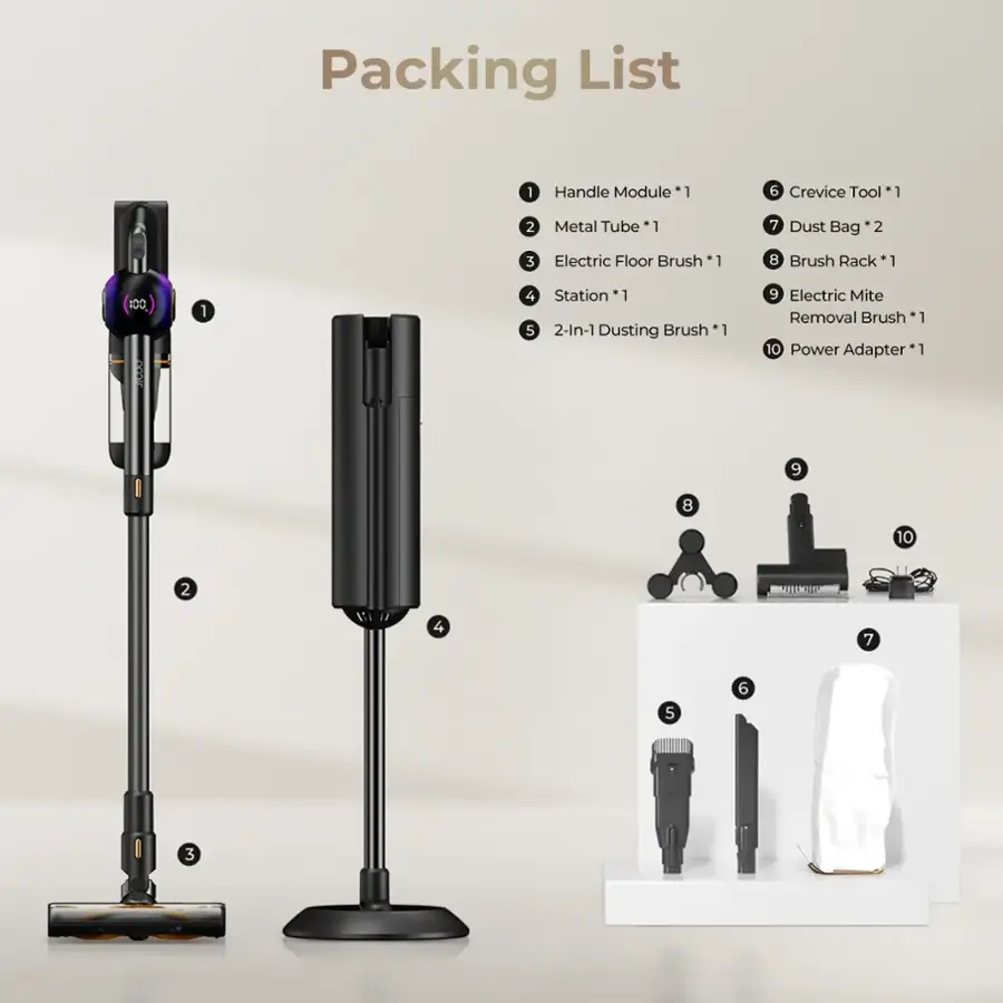 Packing List:

1. Handle Module
2. Crevice Tool
3. Metal Tube
4. Dust Bag
5. Electric Floor Brush
6. Brush Rack
7. DODI
8. 2-In-1 Dusting Brush
9. Electric Mite Removal Brush
10. Power Adapter

Note: The numbers in the image are not part of the packing list and are not relevant to the list.