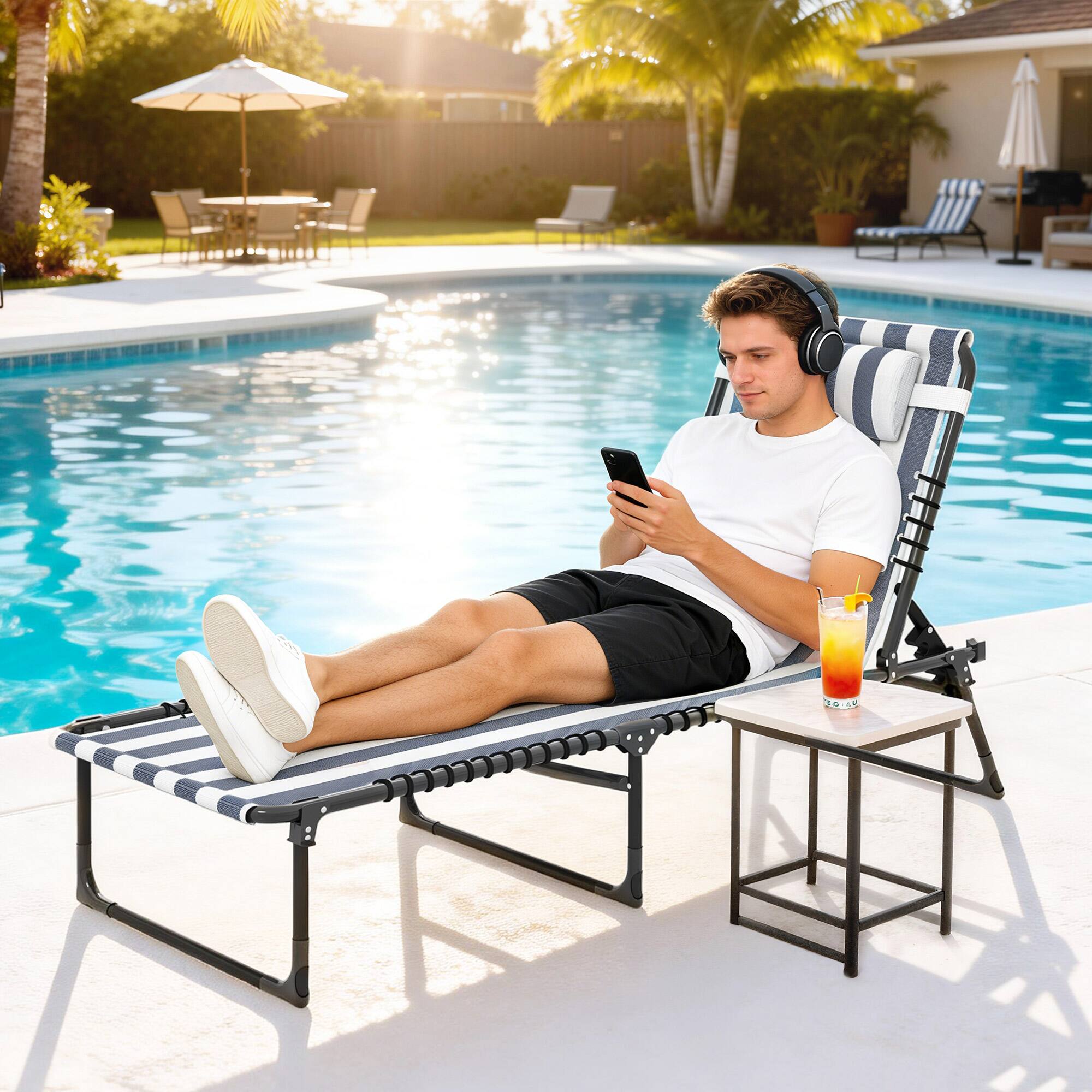 Alt View 1. Outsunny - Chaise Lounge Pool Chair with 4-Position Reclining Back, Pillow, Breathable Mesh & Bungee Seat - Blue and White.