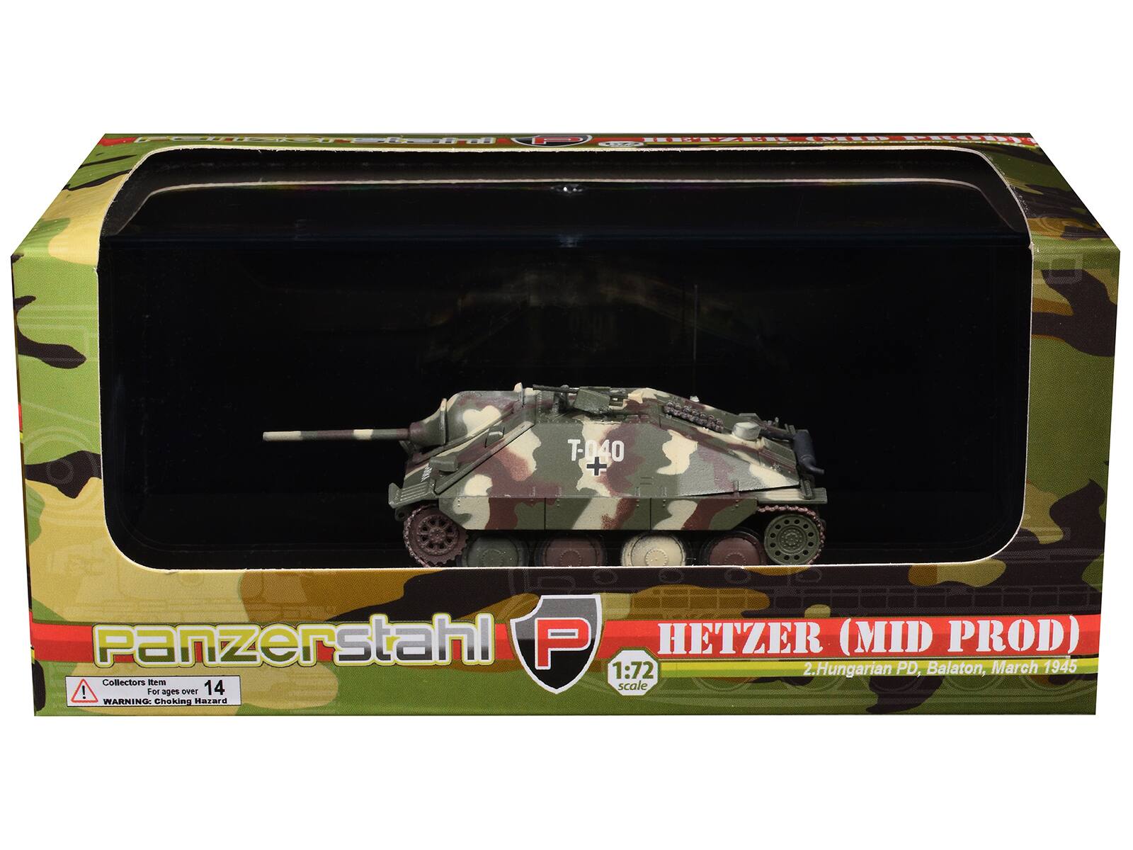 1 T-040 + Panzerstahl P HETZER (MID PROD) 1:72  
2.Hungarian PD, Balaton, March 1945  
Collectors item scale!  
For safe use  
14 WARNING Choking Hazard