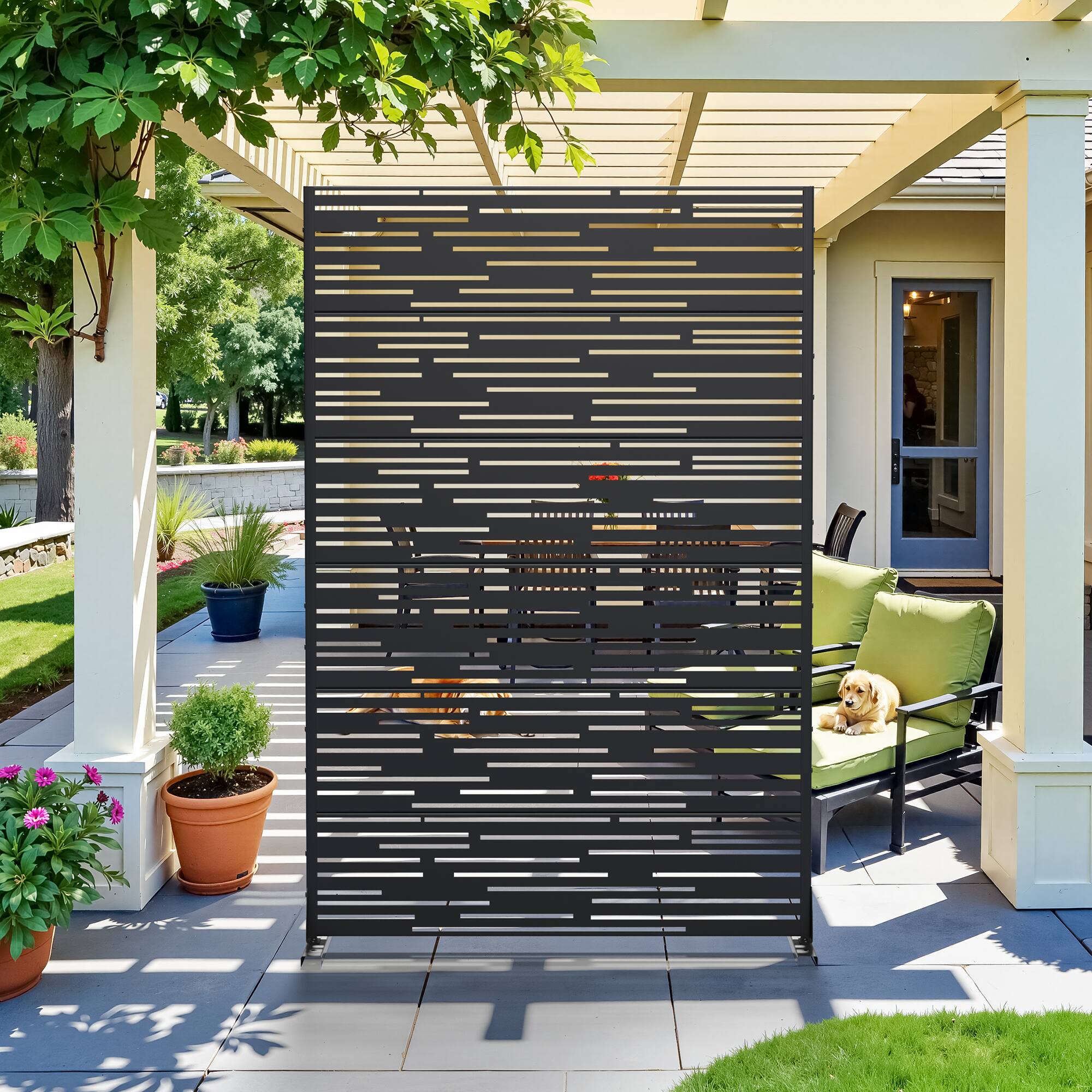 Alt View 3. PexFix - 72 in. x 47 in. Shine Pattern Metal Outdoor Privacy Screen & Panels, Freestanding Garden Divider Fence - Black.