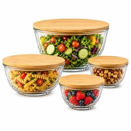 Sorbus - 4-Piece Glass Diamond Textured Bowl Set with Bamboo Lids, Mixing & Storage Microwave, Dishwasher & Freezer Safe