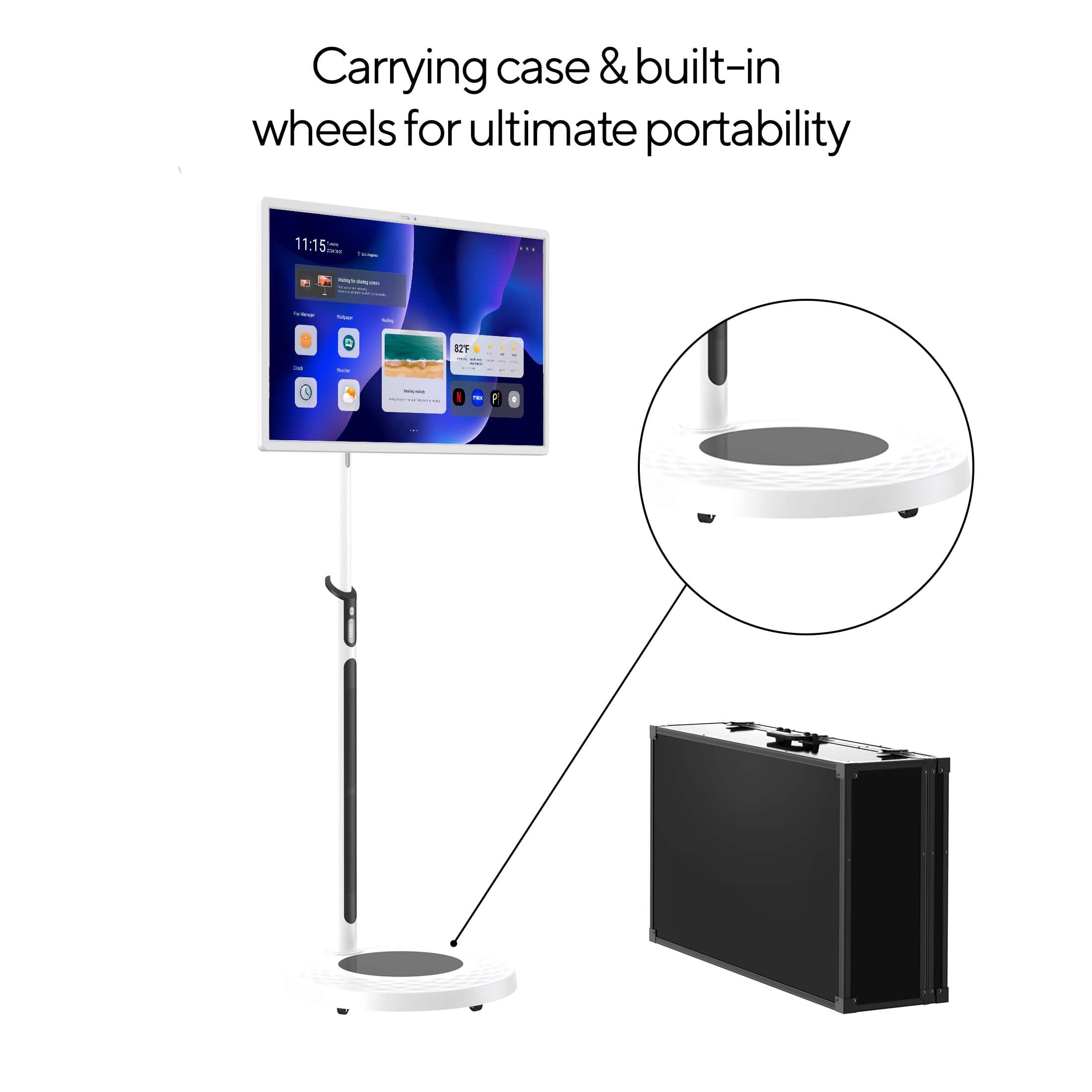 Carrying case & built-in wheels for ultimate portability.