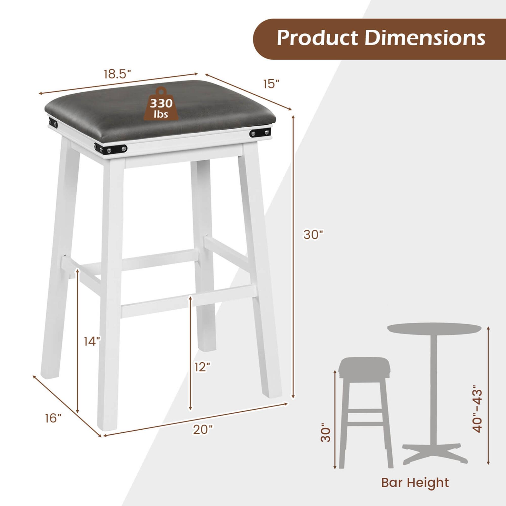 Product Dimensions: 18.5" x 15" x 330 lbs, 30" x 14" x 16" x 12" x 20" x 30" x 40"-43" Bar Height.