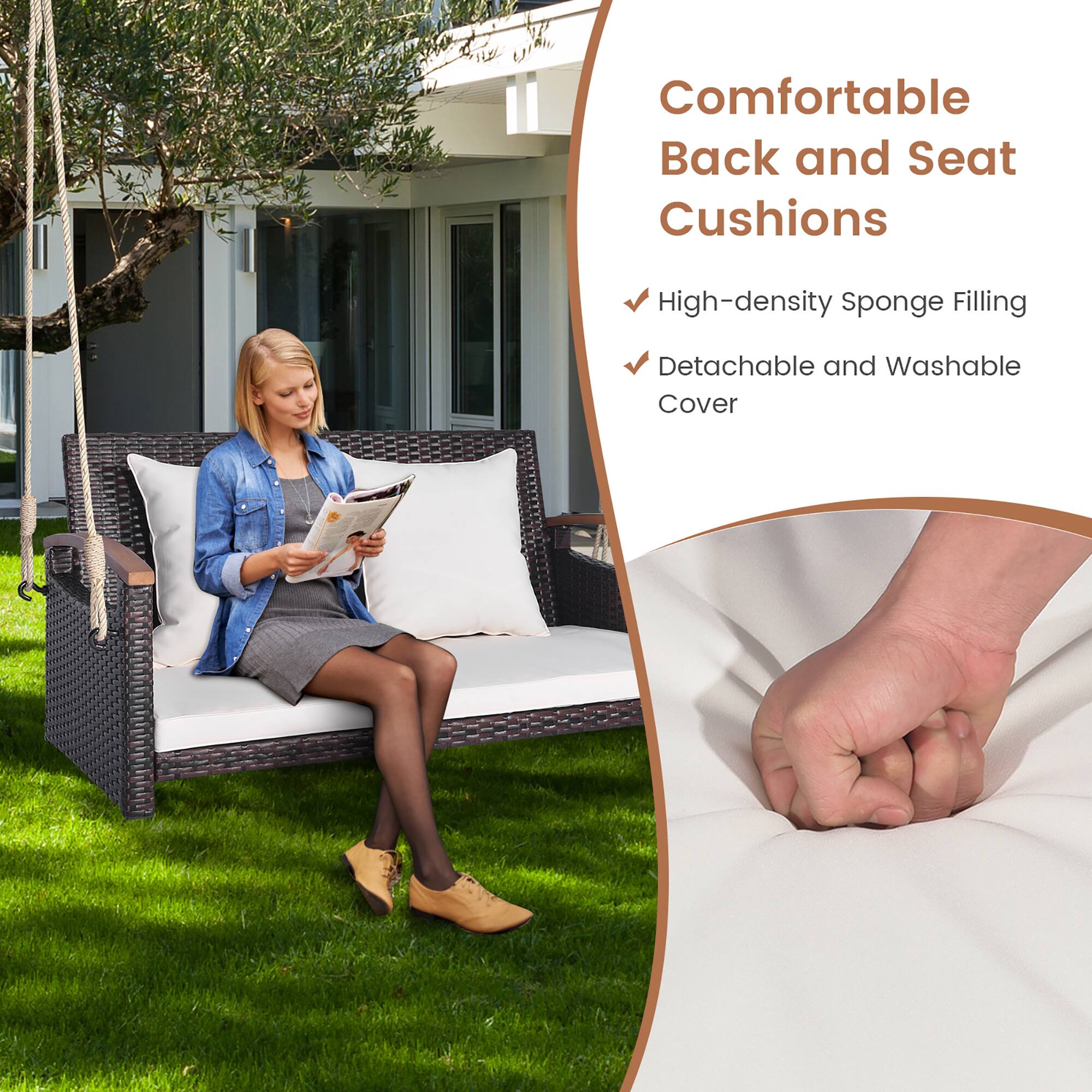 Alt View 4. Gymax - Gymax 2-seater hanging swing porch swing PE wicker swing outdoor hanging swing garden poolside - Mix Brown, White.