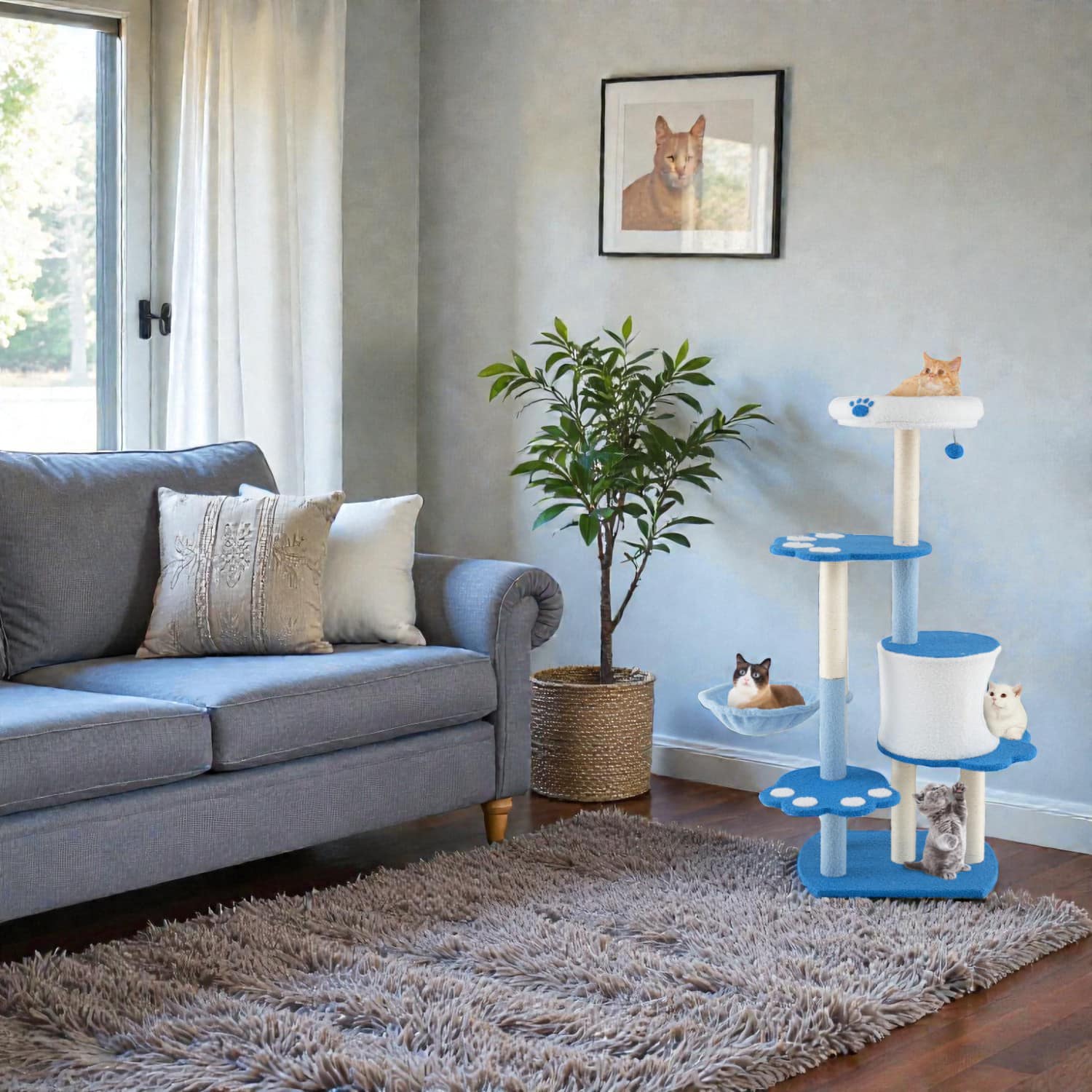 BreeBe - 54" Contemporary Indoor Cat Tower for Stylish Felines - Blue