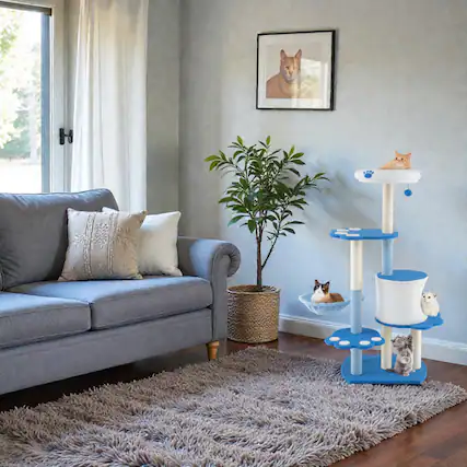 Front. BreeBe - 54" Contemporary Indoor Cat Tower for Stylish Felines - Blue.