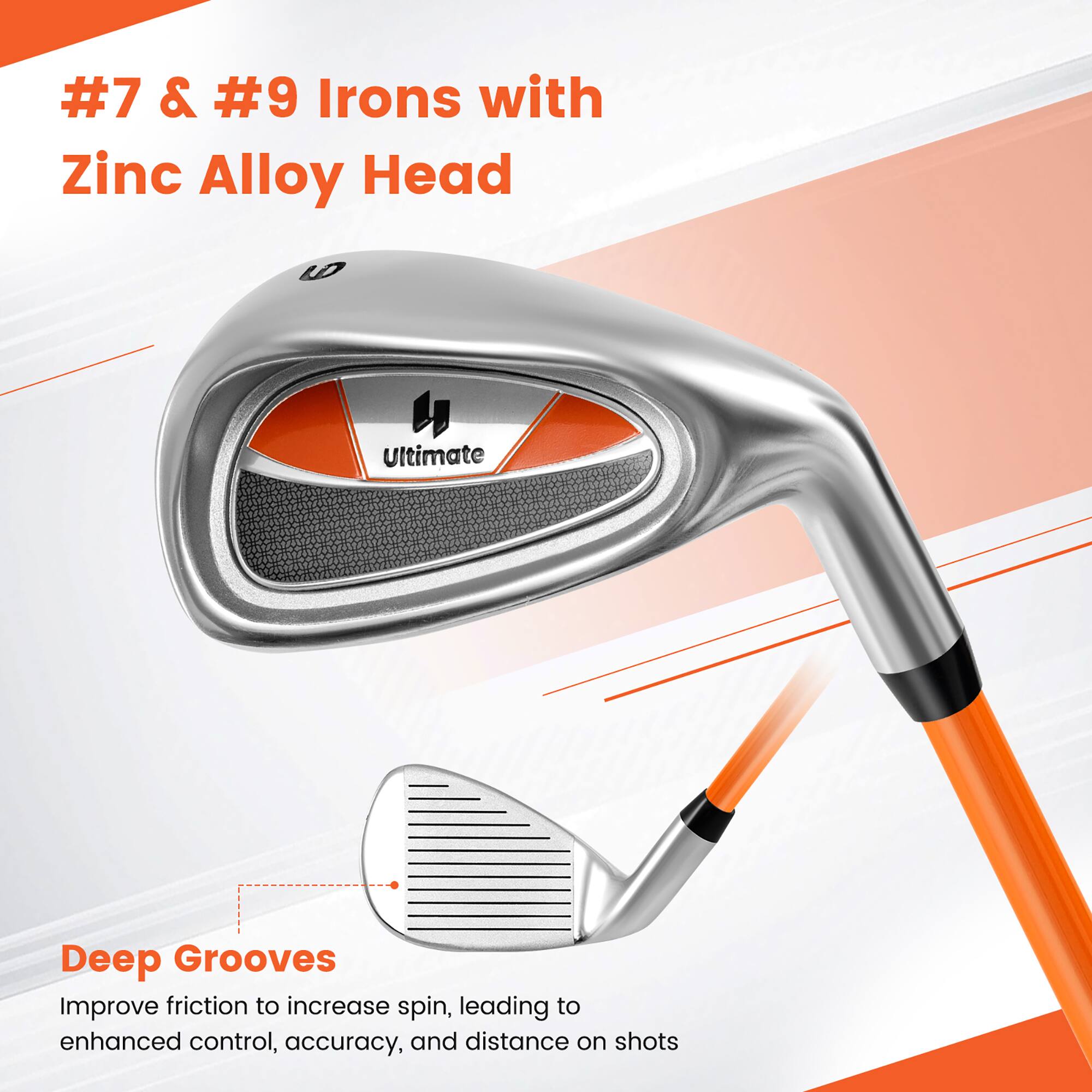 #7 & #9 Irons with Zinc Alloy Head

Deep Grooves
Improve friction to increase spin, leading to enhanced control, accuracy, and distance on shots