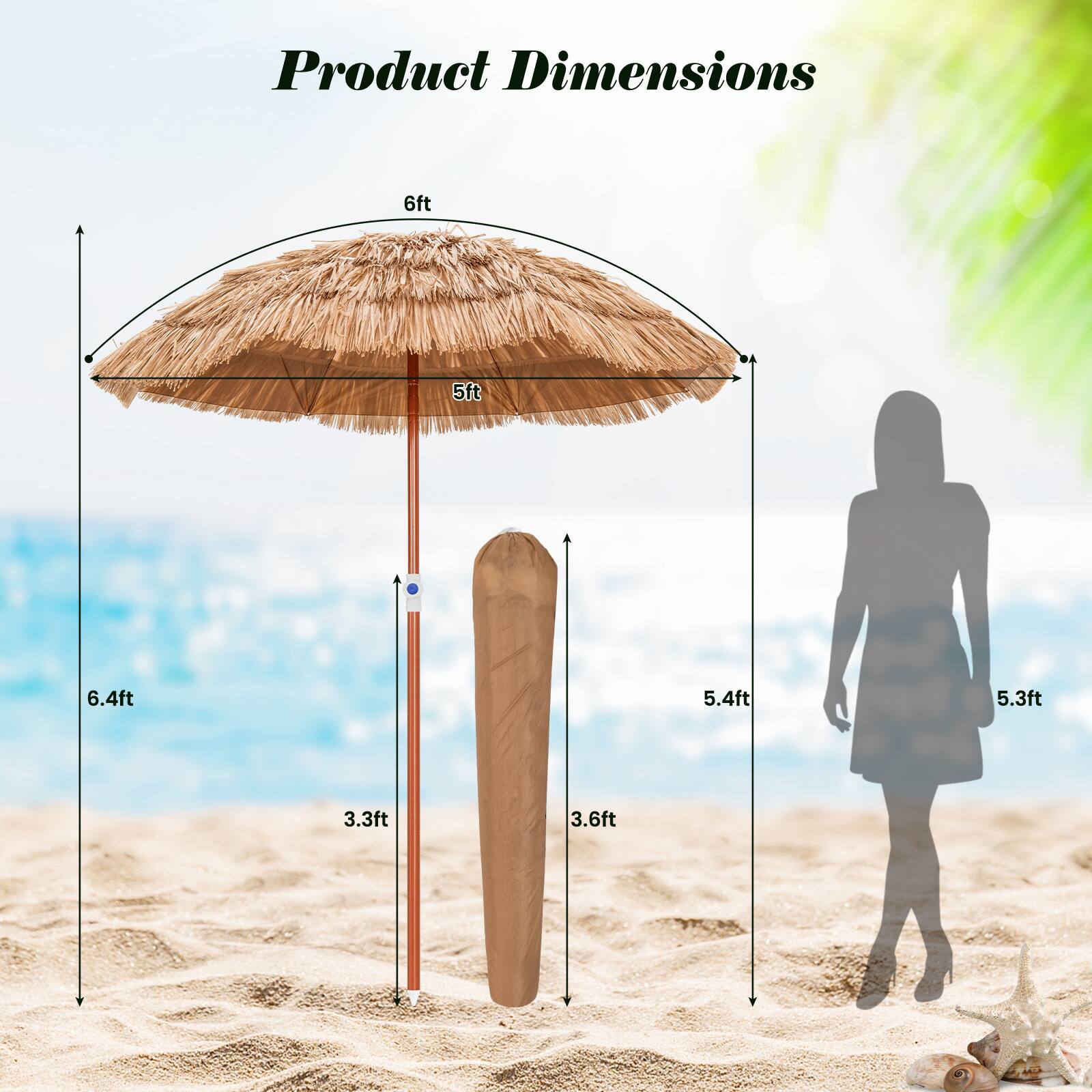 Product Dimensions

- Diameter: 6ft
- Height: 5ft
- Umbrella Height: 6.4ft
- Base Height: 3.3ft
- Base Width: 3.6ft
- Overall Height: 5.4ft
- Overall Width: 5.3ft
