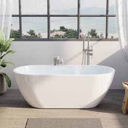 WELLFOR - Nava 65 in. x 29.5 in. Acrylic Oval Freestanding Soaking Bathtub with Center Drain and Widened Deck for Storage - White