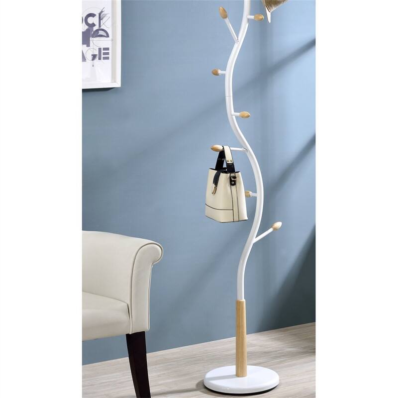 Angle. ALEXOUN - Metal Black and Walnut Standing Coat Rack - 9 Hooks, Metal Construction with Wooden Accents, Modern Finish - White.