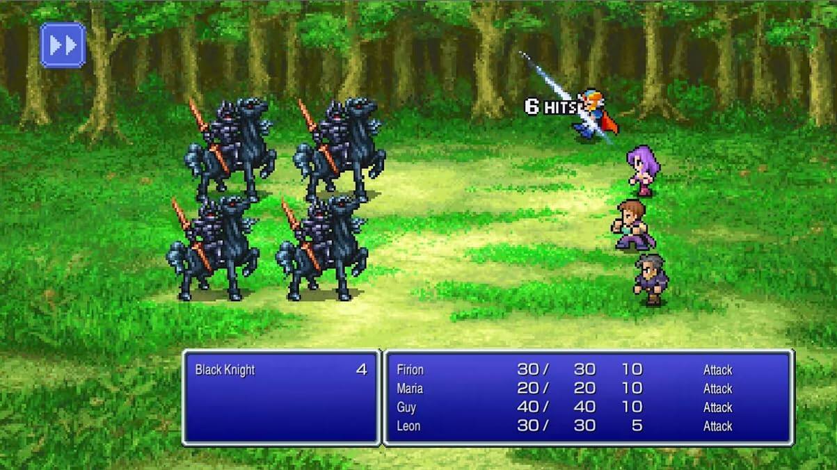 6 HITS  
Black Knight 4  
Firion Maria Guy Leon  
30 / 20 / 40 / 30 / 30  
20 40 30 10 10 10 5  
Attack Attack Attack Attack