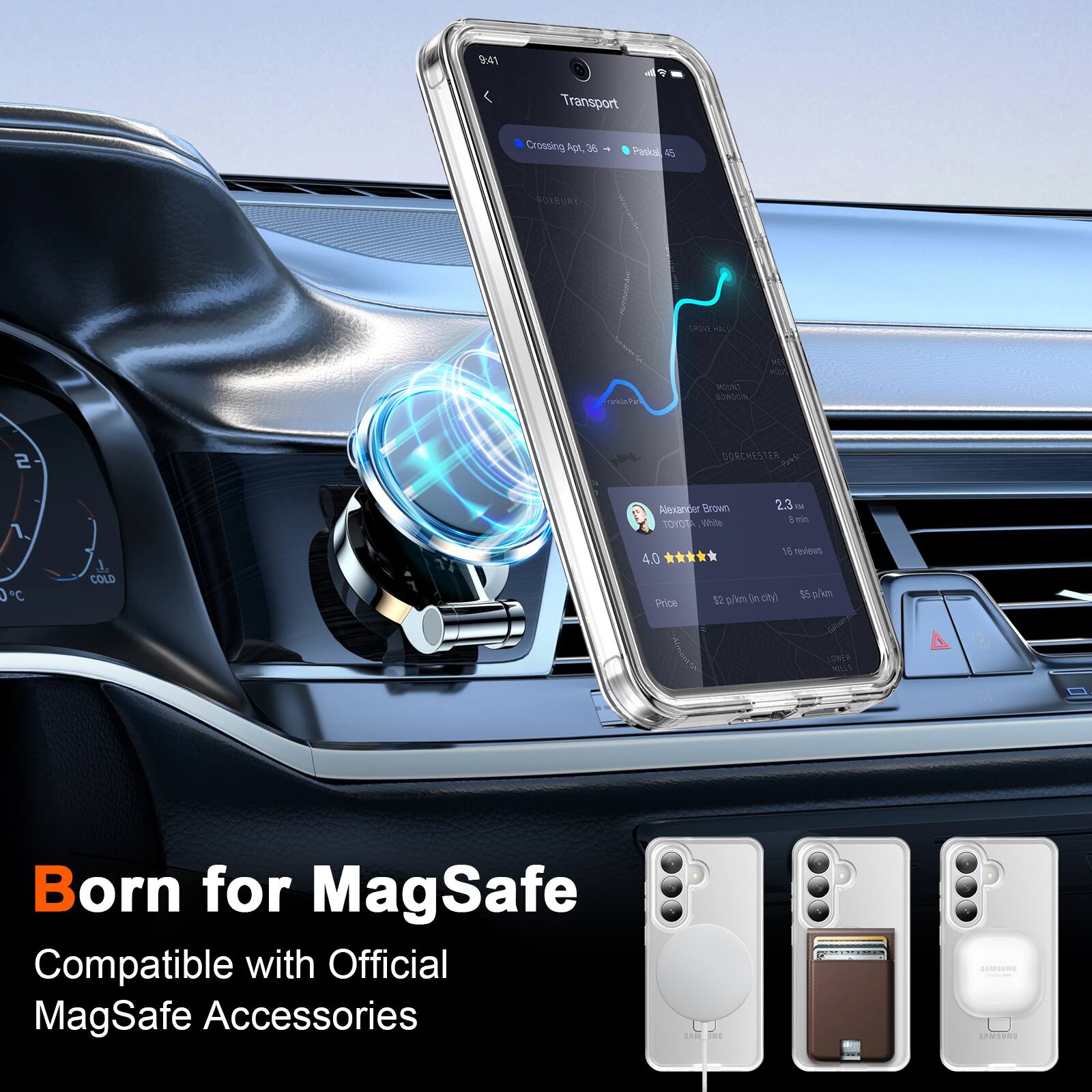 9:41  
Transport  
Crossing Aot. 36 → Padical 4  
RUSNURE 1ROt M TUMAe MOINT EORO  
hoim S F DOACHESTER  
mr Brown  
OOT hite 2.3  
1 - 0  
C J COLD 4.0  
Price $2.3 km in chy $55 km  
16 reviews  
4.0 stars  

Born for MagSafe  
Compatible with Official MagSafe Accessories