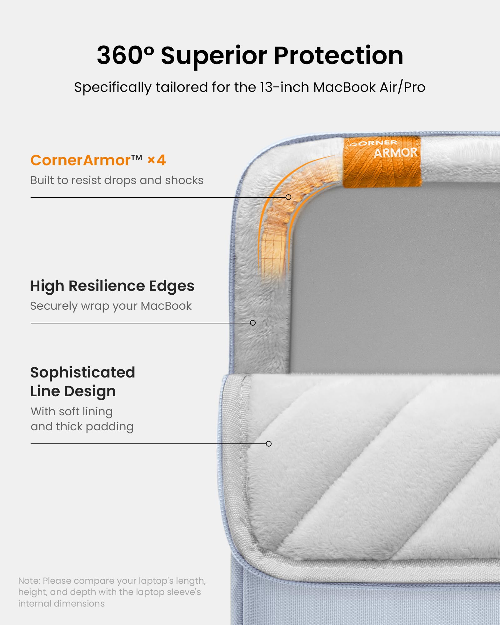 360° Superior Protection  
Specifically tailored for the 13-inch MacBook Air/Pro  

CornerArmor™ x4  
Built to resist drops and shocks  

High Resilience Edges  
Securely wrap your MacBook  

Sophisticated Line Design  
With soft lining and thick padding  

Note: Please compare your laptop's length, height, and depth with the laptop sleeve's internal dimensions