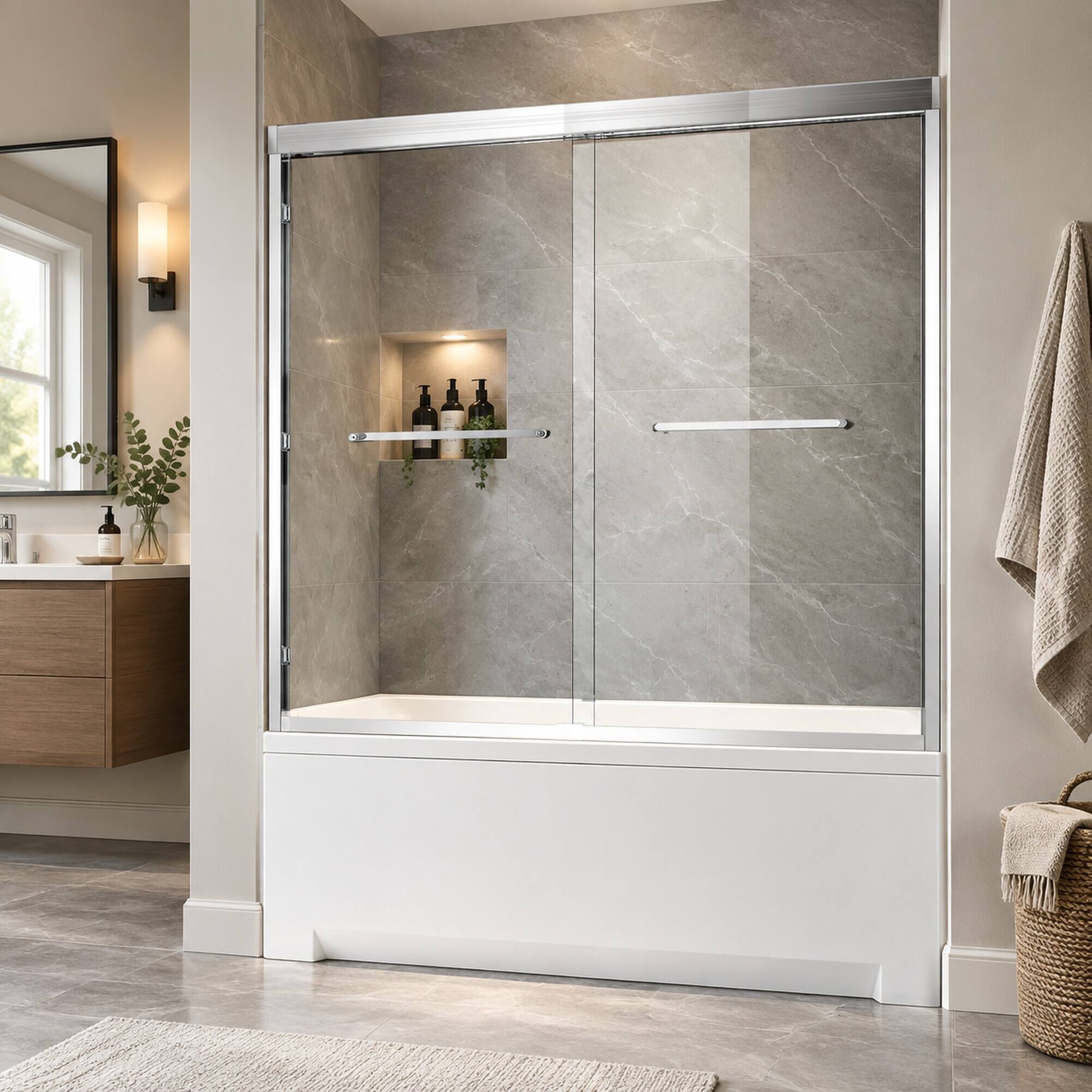 Alt View 4. RYHNUYNE - 56-60" W X 60" H Double Sliding Tub Shower Door With 1/4" Tempered Clear Glass, Chrome Aluminum Frame - Chrome.