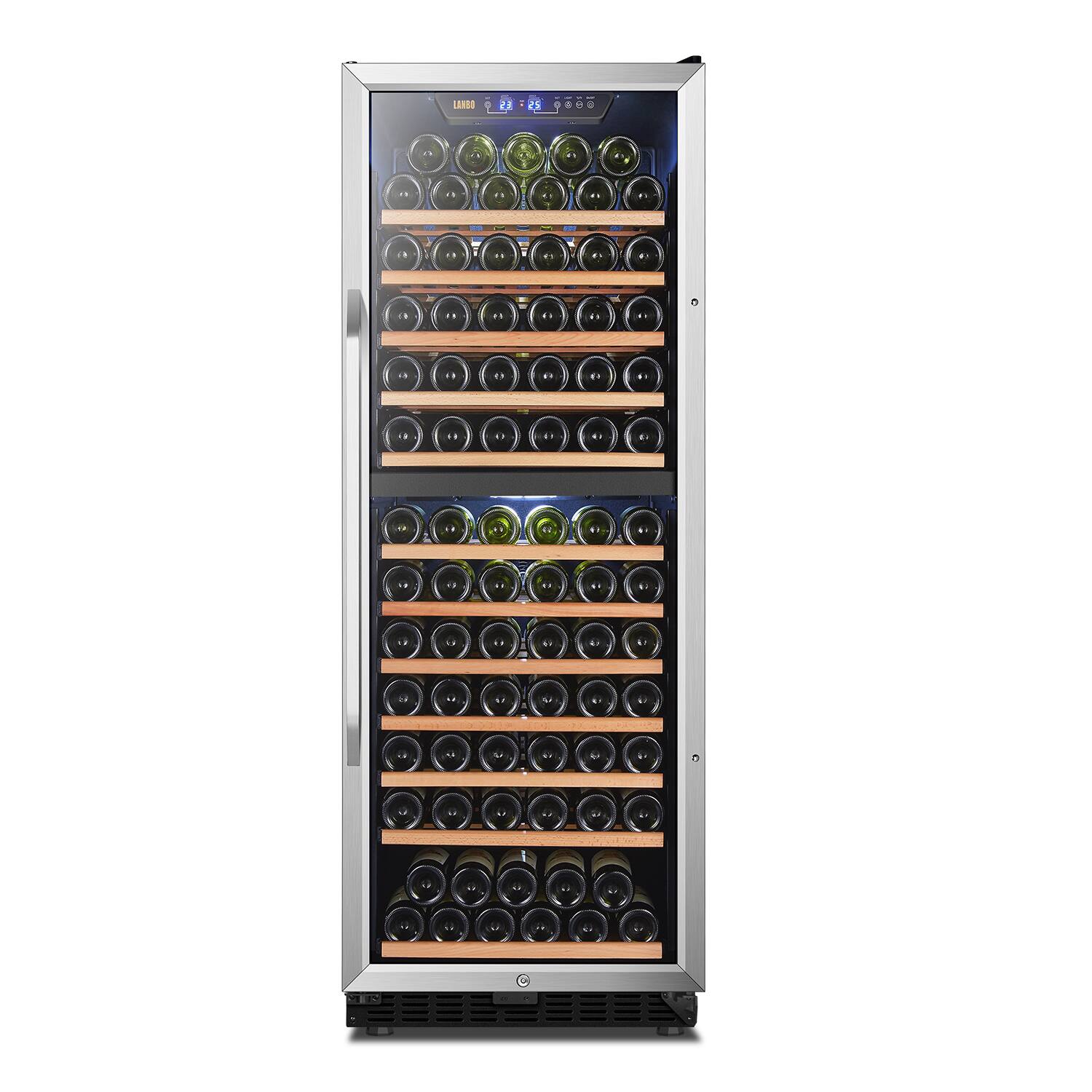 Lanbo - Freestanding/Built-In 24 Inch 141 Bottle Dual Zone Compressor Wine Cooler with Stainless Steel Door - Black