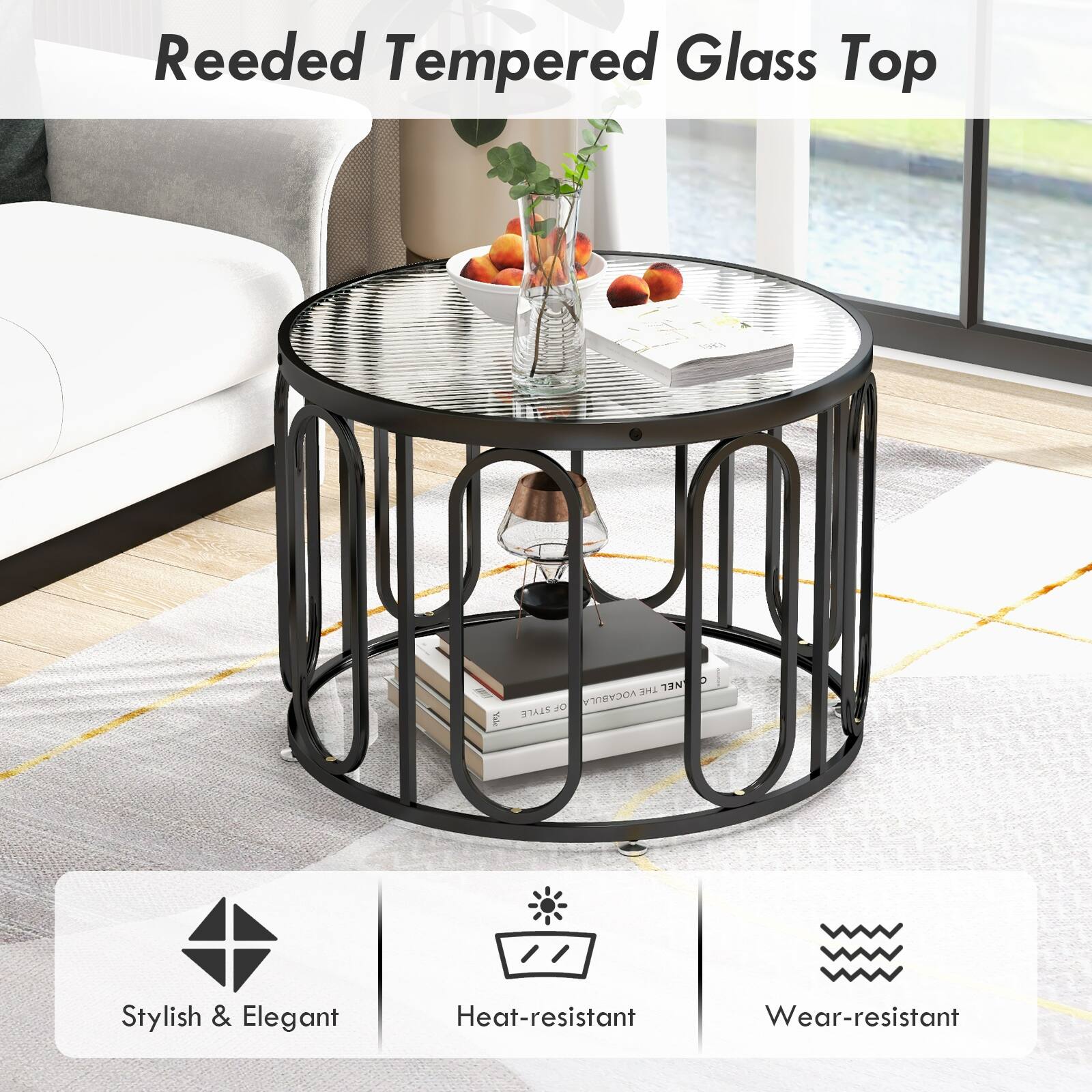 Reeded Tempered Glass Top, Stylish & Elegant, Heat-resistant, Wear-resistant