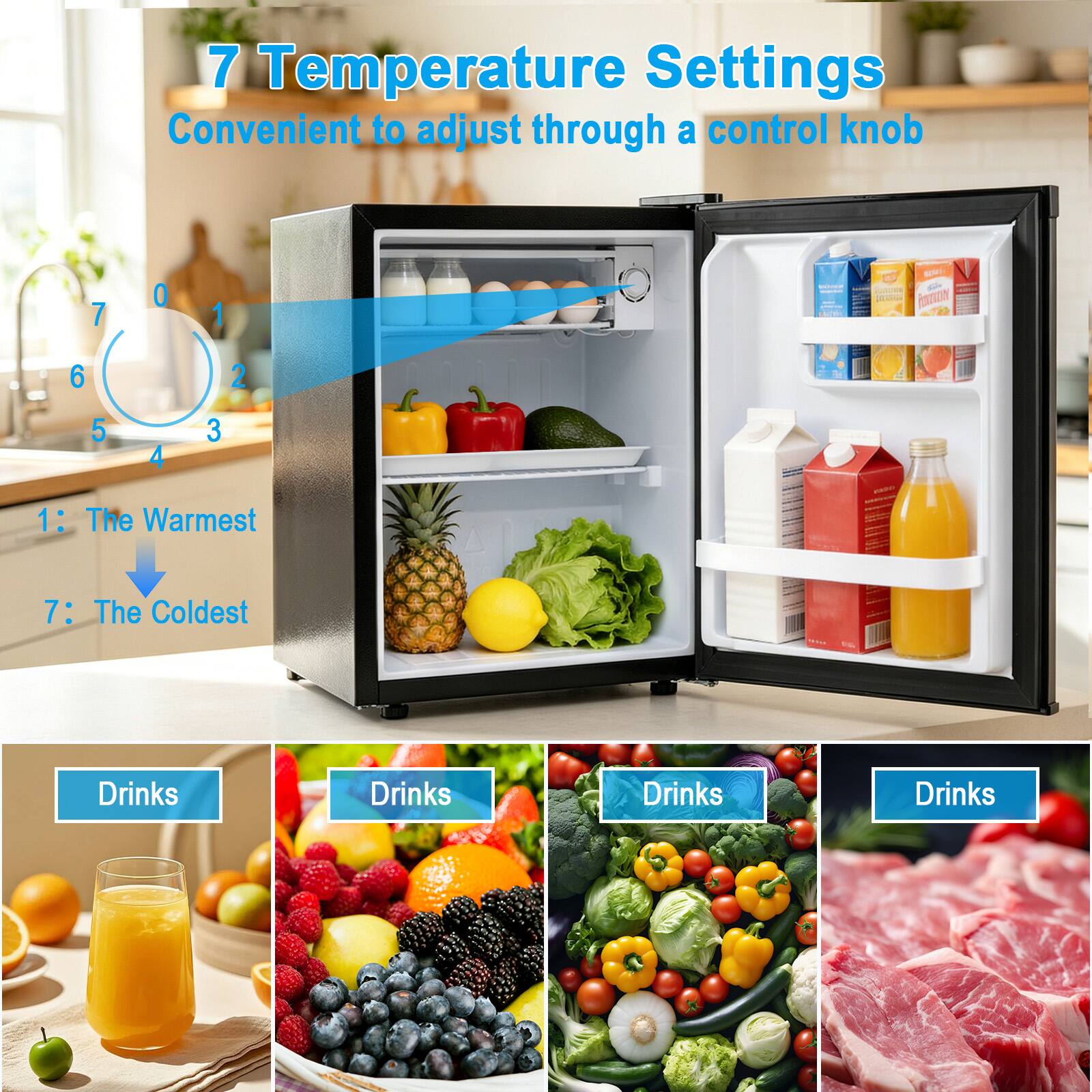 7 Temperature Settings Convenient to adjust through a control knob

7 0 1 - - au - | Betion - | RANON 1 I  - 6 2 5 3 4

1: The Warmest
7: The Coldest

Drinks
Drinks
Drinks
Drinks
