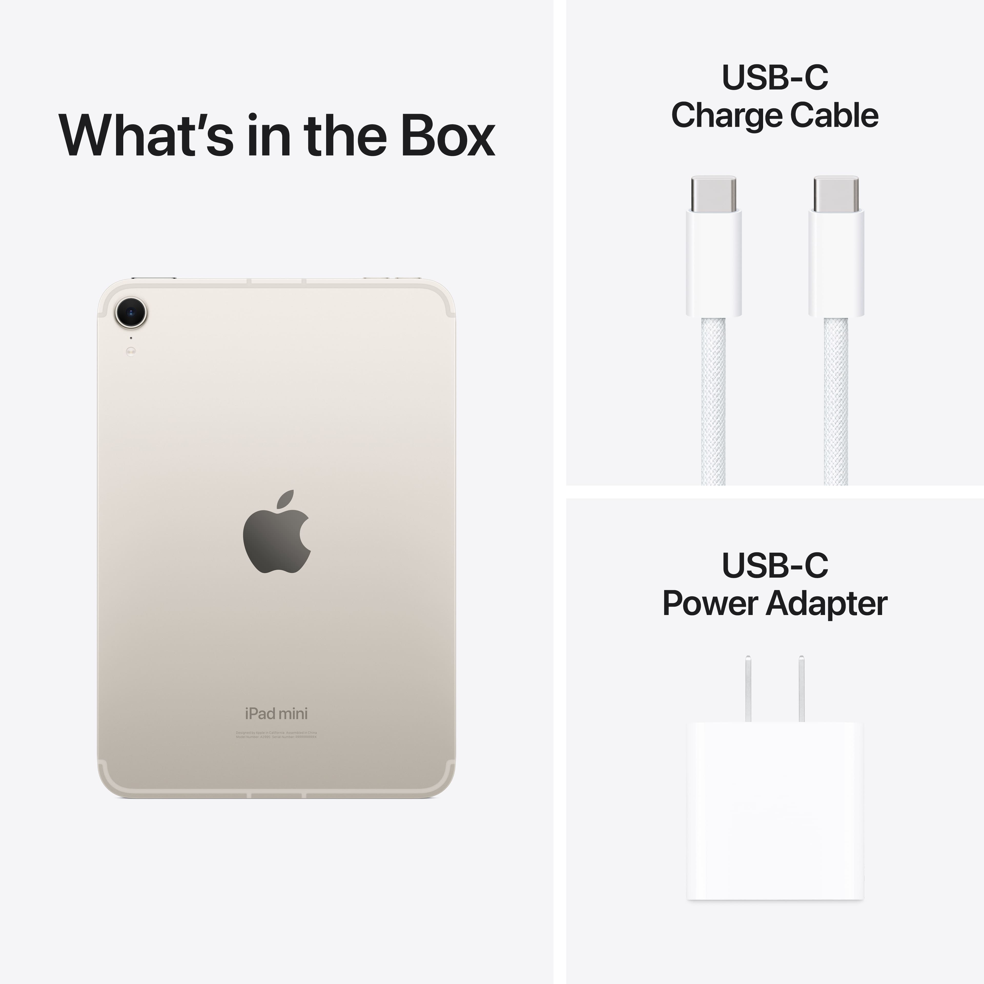 What's in the Box: USB-C Charge Cable, USB-C Power Adapter, iPad mini