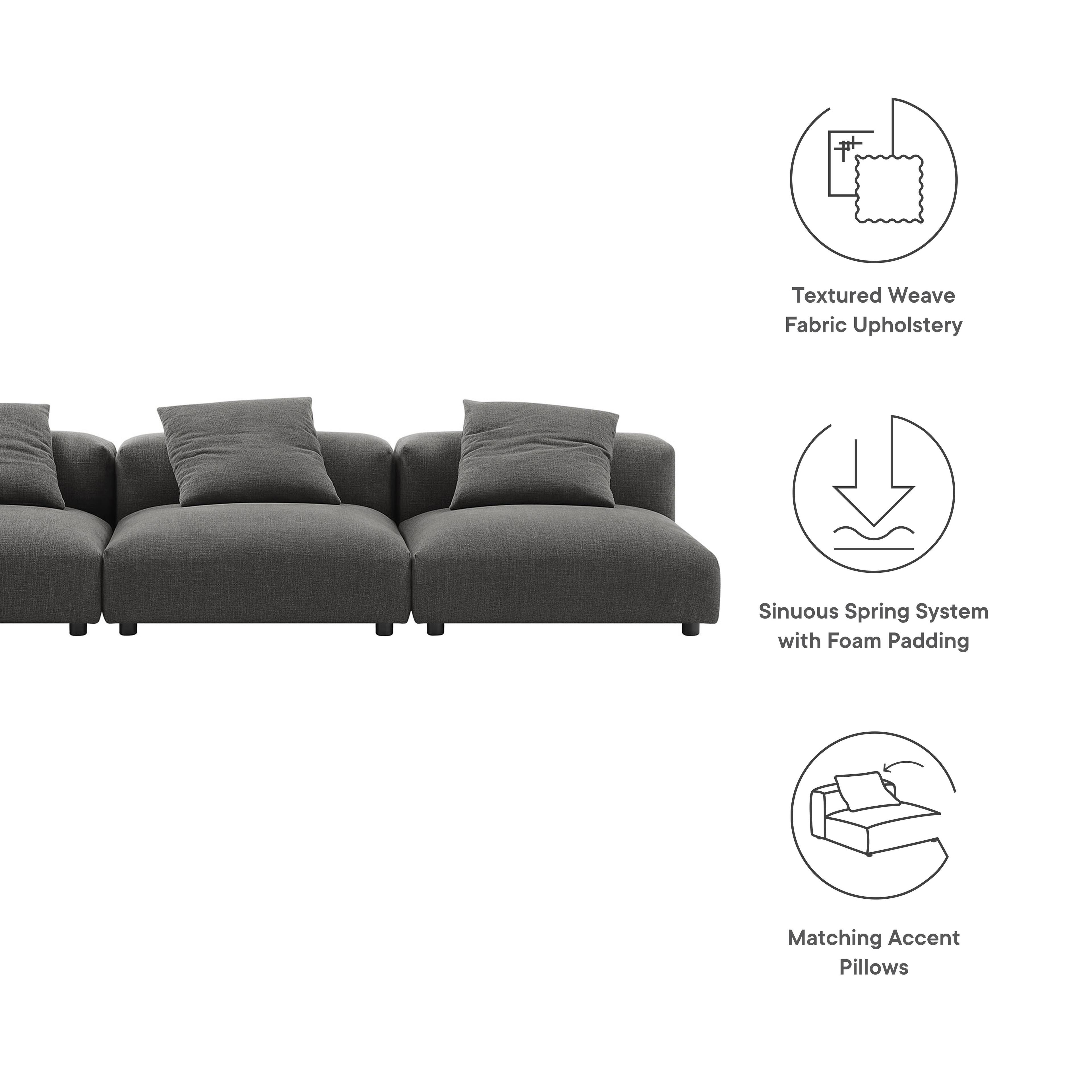 Textured Weave Fabric Upholstery  
Sinuous Spring System with Foam Padding  
Matching Accent Pillows