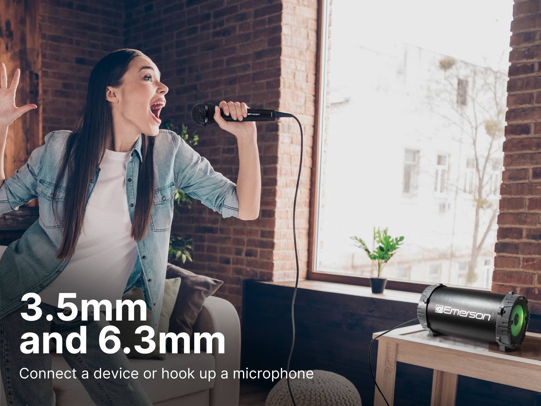 3.5mm and 6.3mm

Connect a device or hook up a microphone

Emerson