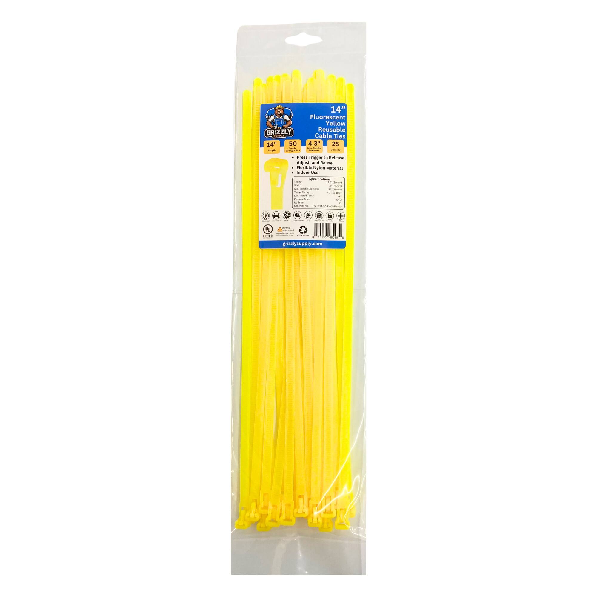 14" Fluorescent Yellow - GRIZZLY Reusable Cable Ties 14 SO 4.3 25 - - H - . Press Trigger Release, Adjust, and Reuse - - - I i - - : - I | I I I - 1 I - 1 - - I / : R  I A  a | + I a - ee -  - ada : grizzlyupply.com