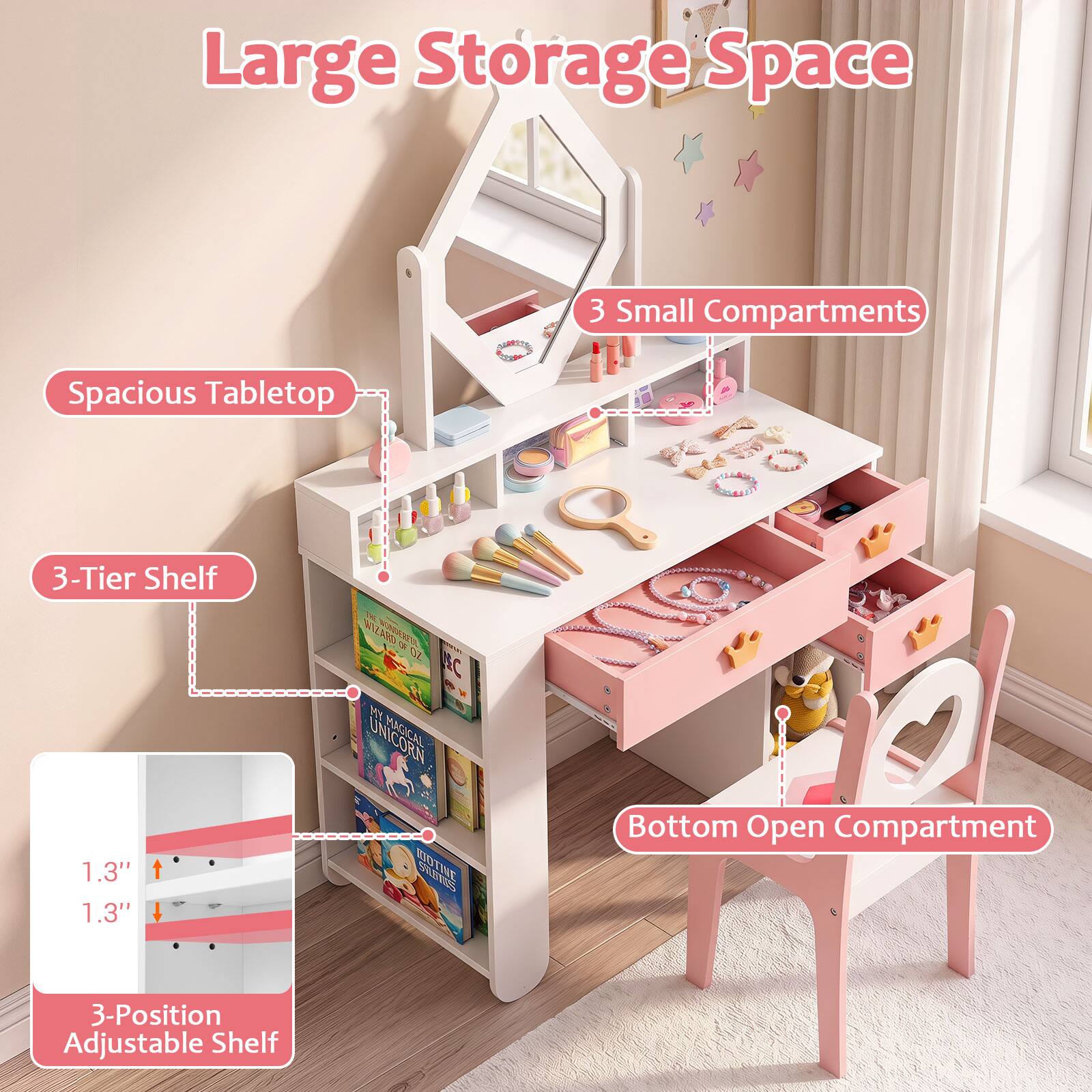 Large Storage Space  
3 Small Compartments  
Spacious Tabletop  
3-Tier Shelf  
1.3"  
1.3"  
3-Position Adjustable Shelf  
Bottom Open Compartment