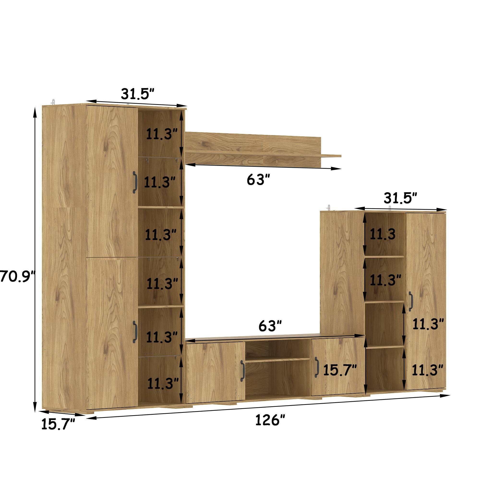 - Height: 70.9"
- Width: 126"
- Depth: 15.7"
- Cabinet Height: 31.5"
- Shelf Height: 11.3"
- Shelf Width: 63"
- Bottom Shelf Height: 15.7"