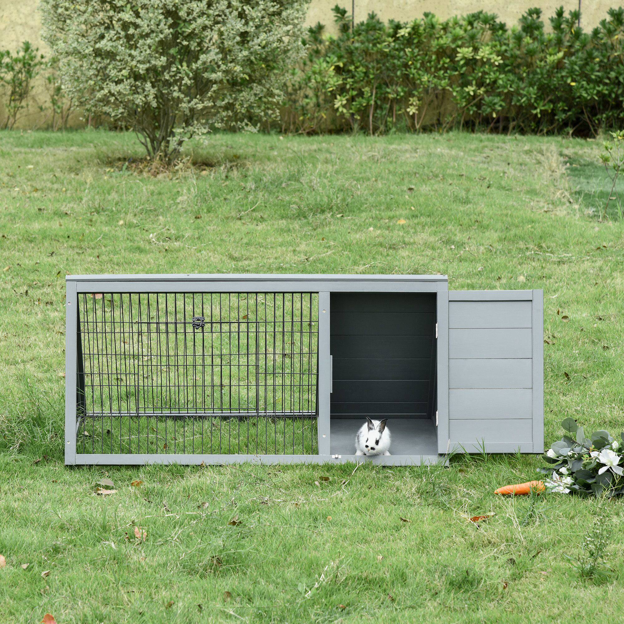 Angle. Pawhut - 46" x 24" Wooden A-Frame Outdoor Rabbit Hutch, Small Animal Cage, Outside Run & Ventilating Wire.