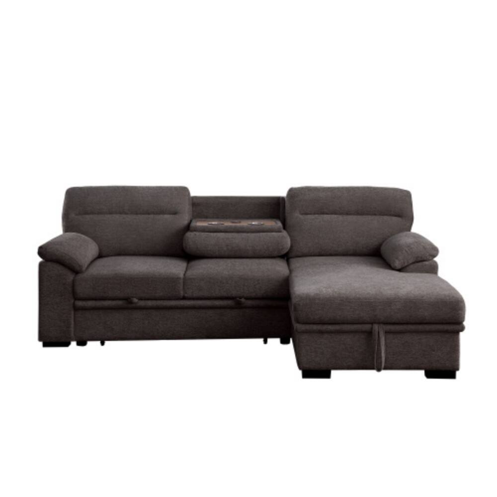 Alt View 4. LUCKY ONE - 94" Brown Chenille Sleeper Sectional Sofa with Right-Facing Storage Chaise, Pull-Out Bed, USB Console, Cupholders - Brown.