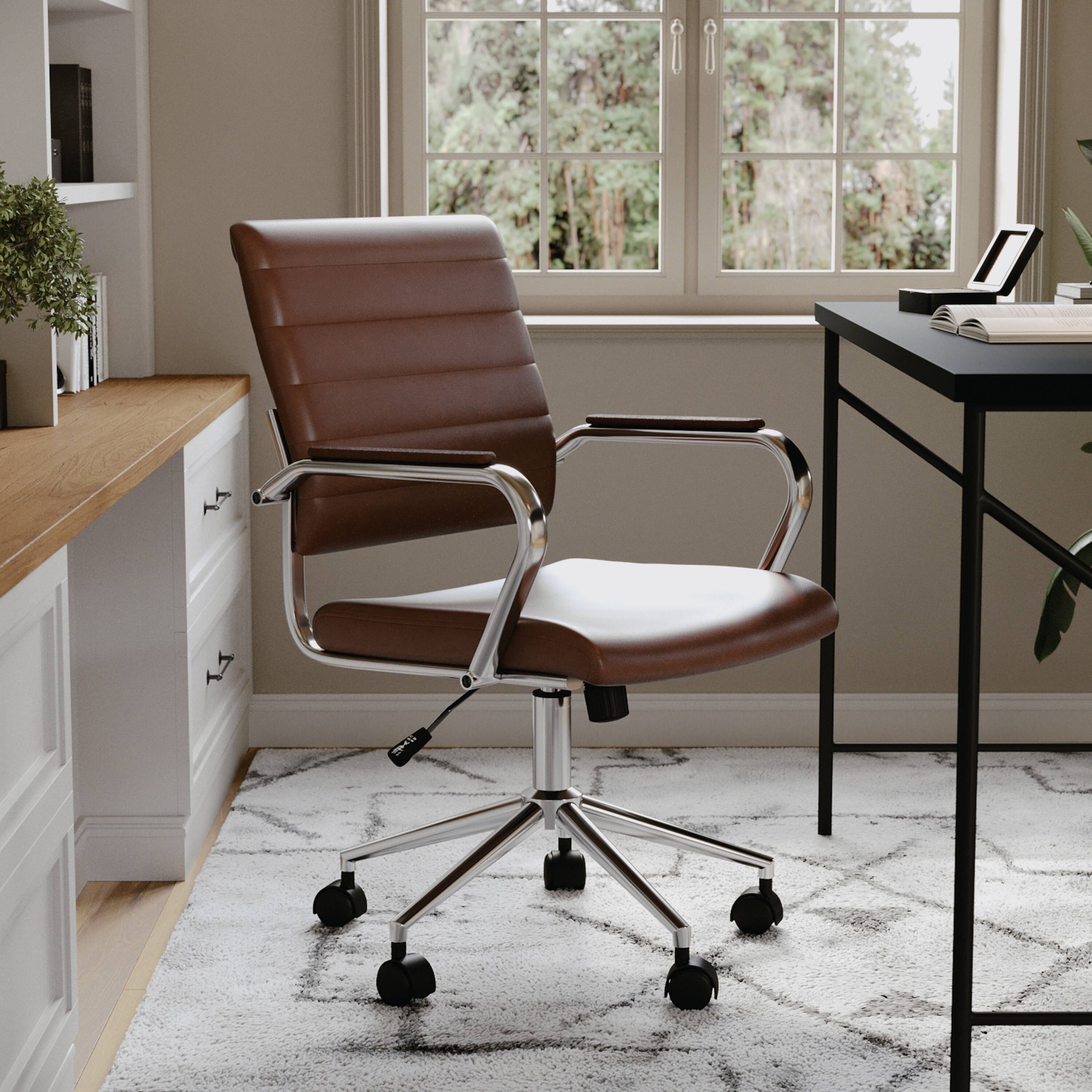 Alt View 14. Martha Stewart - Piper Ribbed Faux Leather Office Chair - Saddle Brown Faux Leather/Polished Nickel.