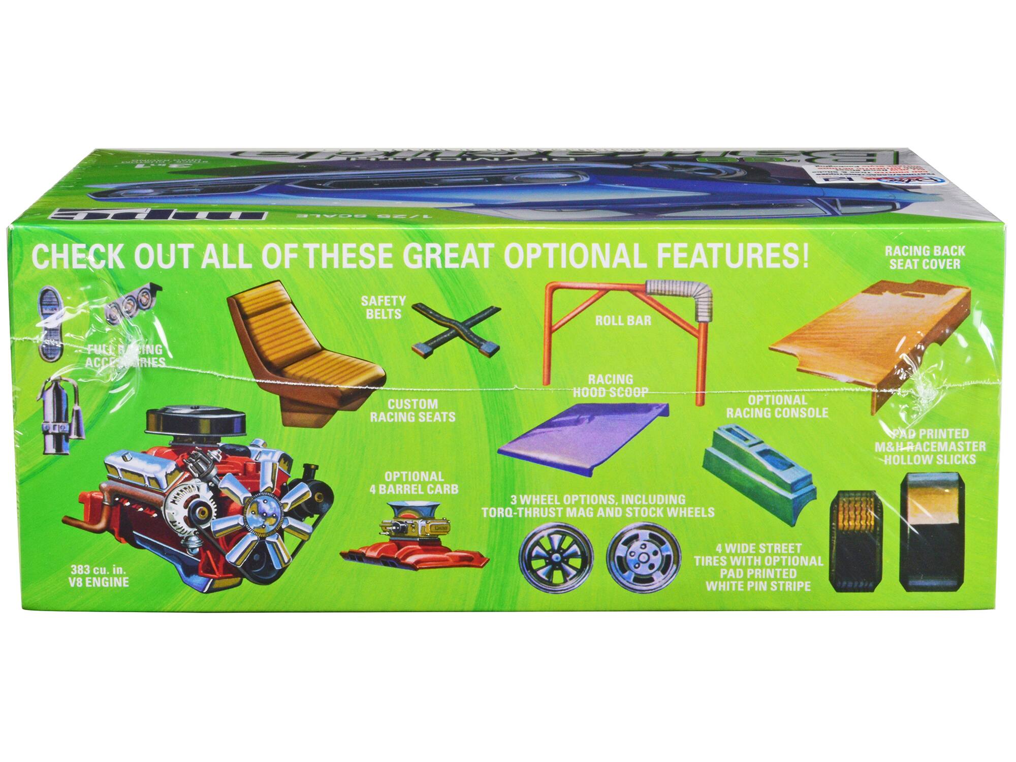 - Check out all of these great optional features!
- Racing back seat cover
- Safety belts
- Roll bar
- Racing hood scoop
- Custom racing seats
- Optional 4 barrel carb
- 3 wheel options, including Torq-Thrust Mag and stock wheels
- 383 cu. in. V8 engine
- 4 wide street tires with optional pad printed white pin stripe
- Optional racing console
- Pad printed M&H-Racemaster hollow slicks