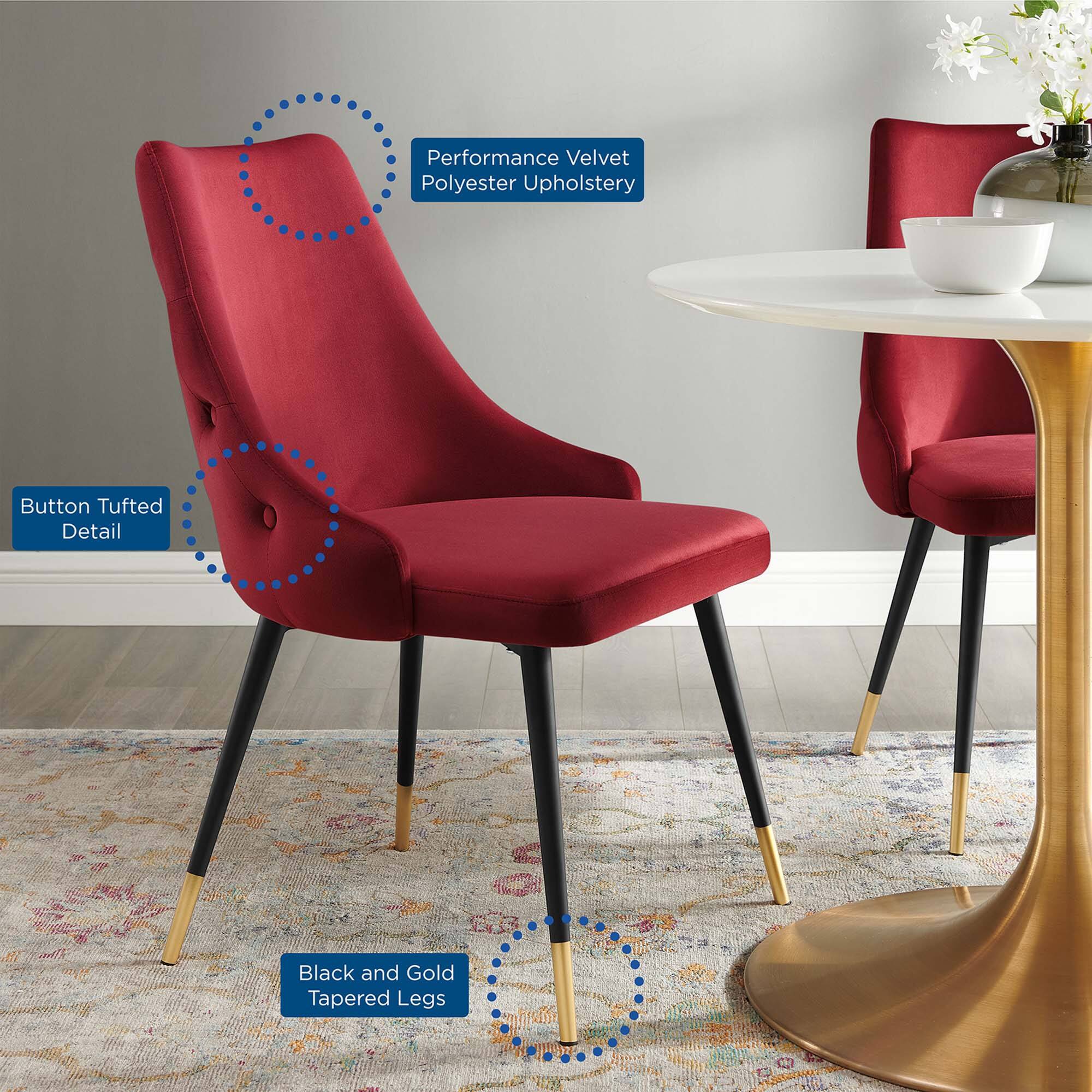 Performance Velvet Polyester Upholstery  
Button Tufted Detail  
Black and Gold Tapered Legs