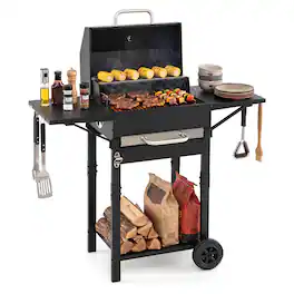Gymax - Charcoal Grill w/2 Side Tables 284 sq.in.Outdoor Smoker BBQ Grill w/Thermometer - Black