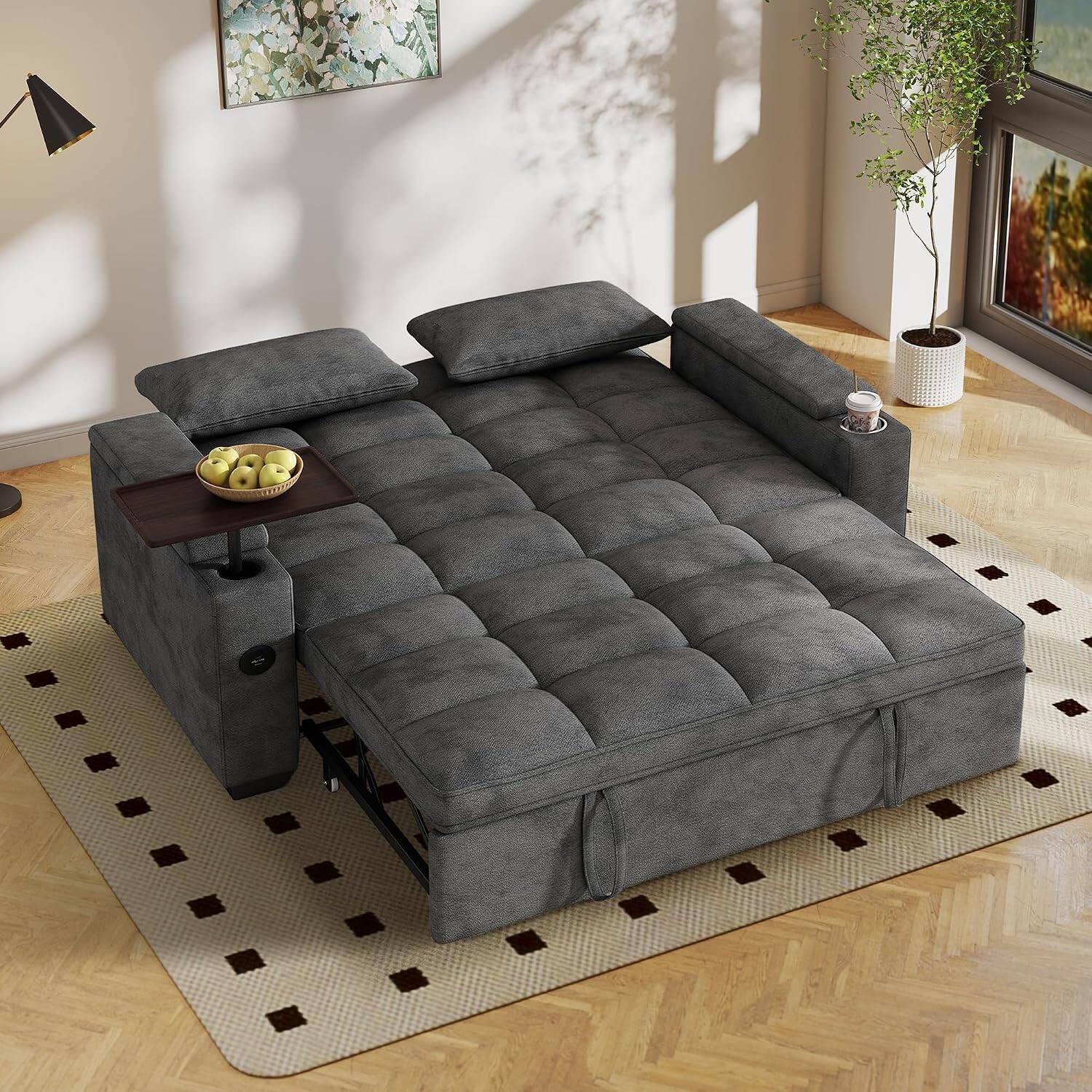 Left. Anysun - 65" Chenille Convertible Sleeper Sofa with Cup Holder & Storage Armrests, Swivel Table, Adjustable Backrest - Gray.