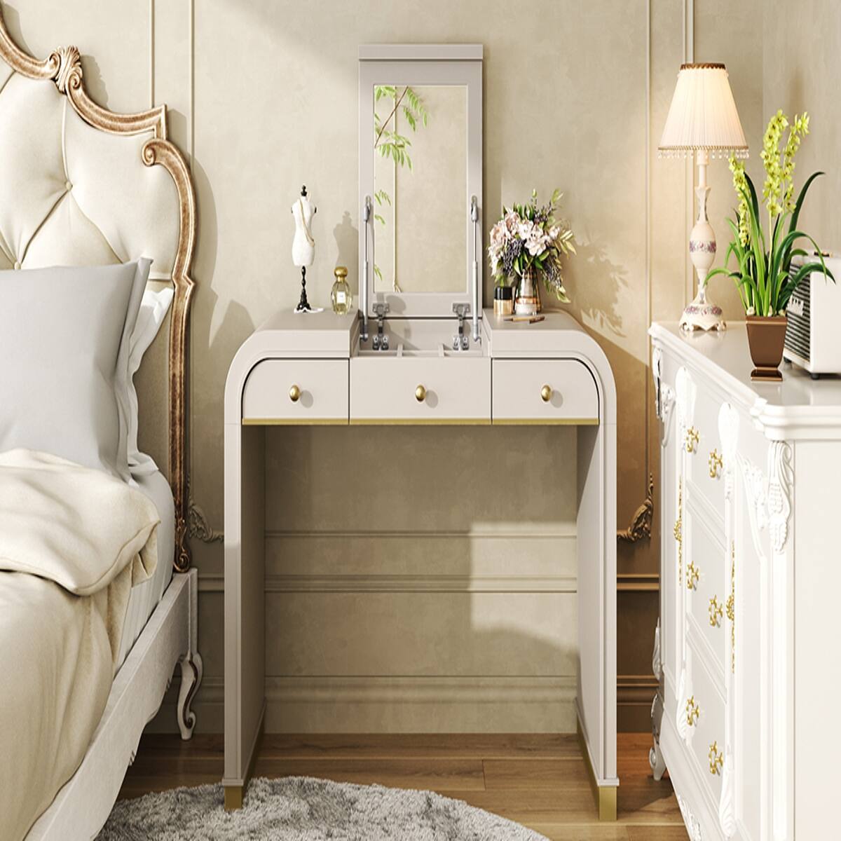Alt View 6. Loheer - Loheer Vanity Desk with Flip-Up Mirror 3-in-1 Champagne Finish with Two Drawers - Champagne.