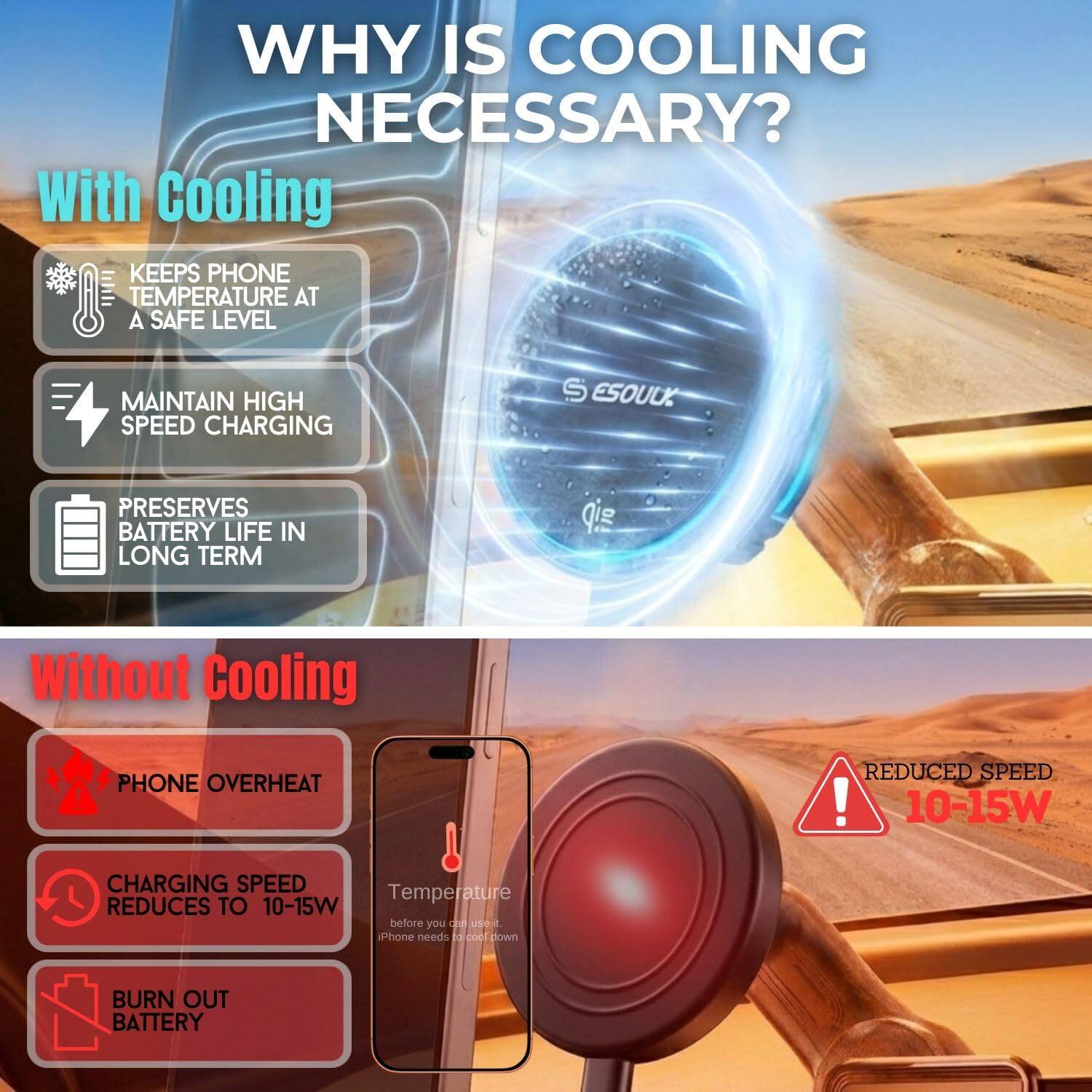 WHY IS COOLING NECESSARY?

With Cooling
- KEEPS PHONE TEMPERATURE AT A SAFE LEVEL
- MAINTAIN HIGH SPEED CHARGING
- PRESERVES BATTERY LIFE IN LONG TERM

Without Cooling
- PHONE OVERHEAT
- CHARGING SPEED REDUCES TO 10-15W
- BURN OUT BATTERY