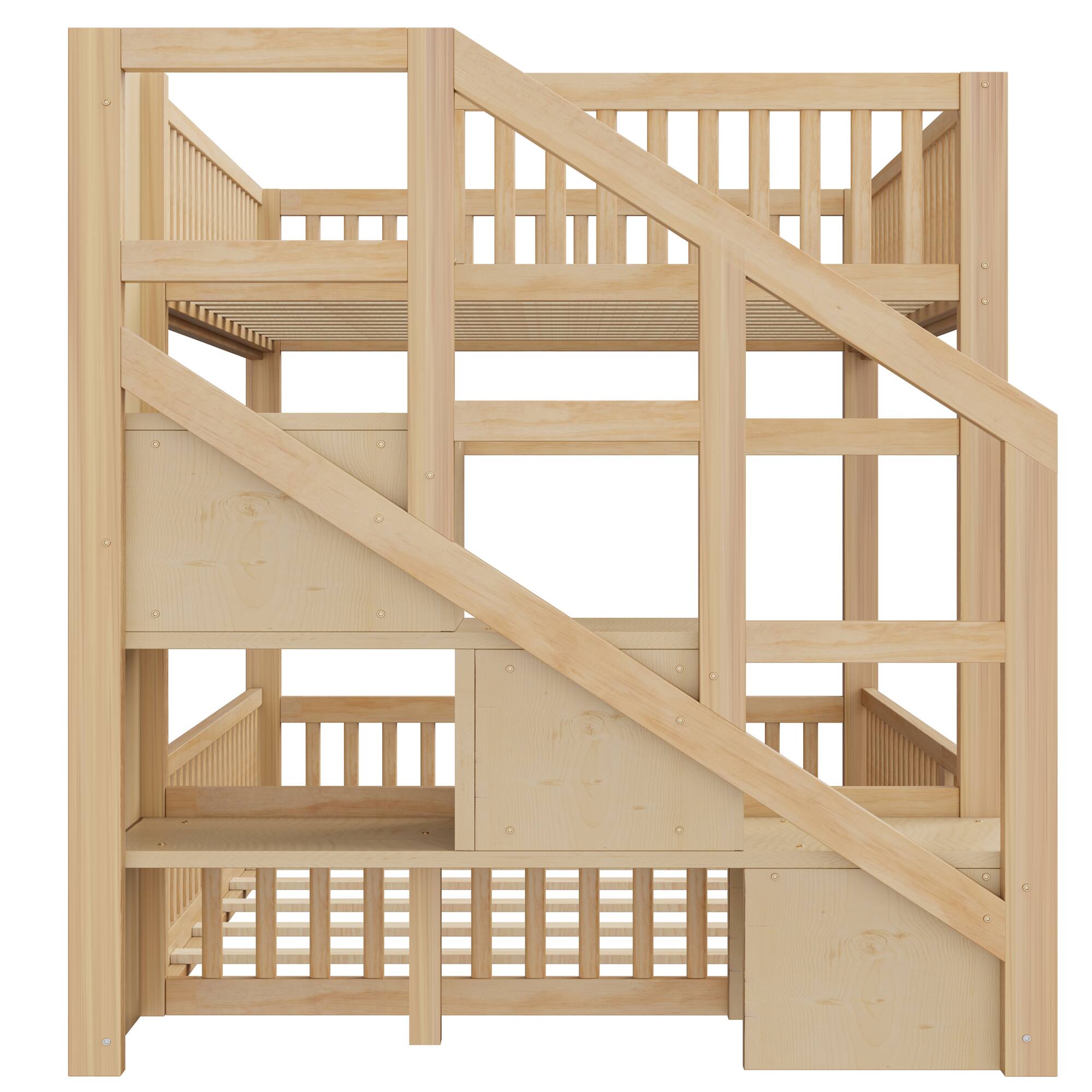 Alt View 1. Whisen - Full over Full Floor Bunk Bed,Low-Profile Bunk Bed with Storage Staircase & Guardrails - Natural.
