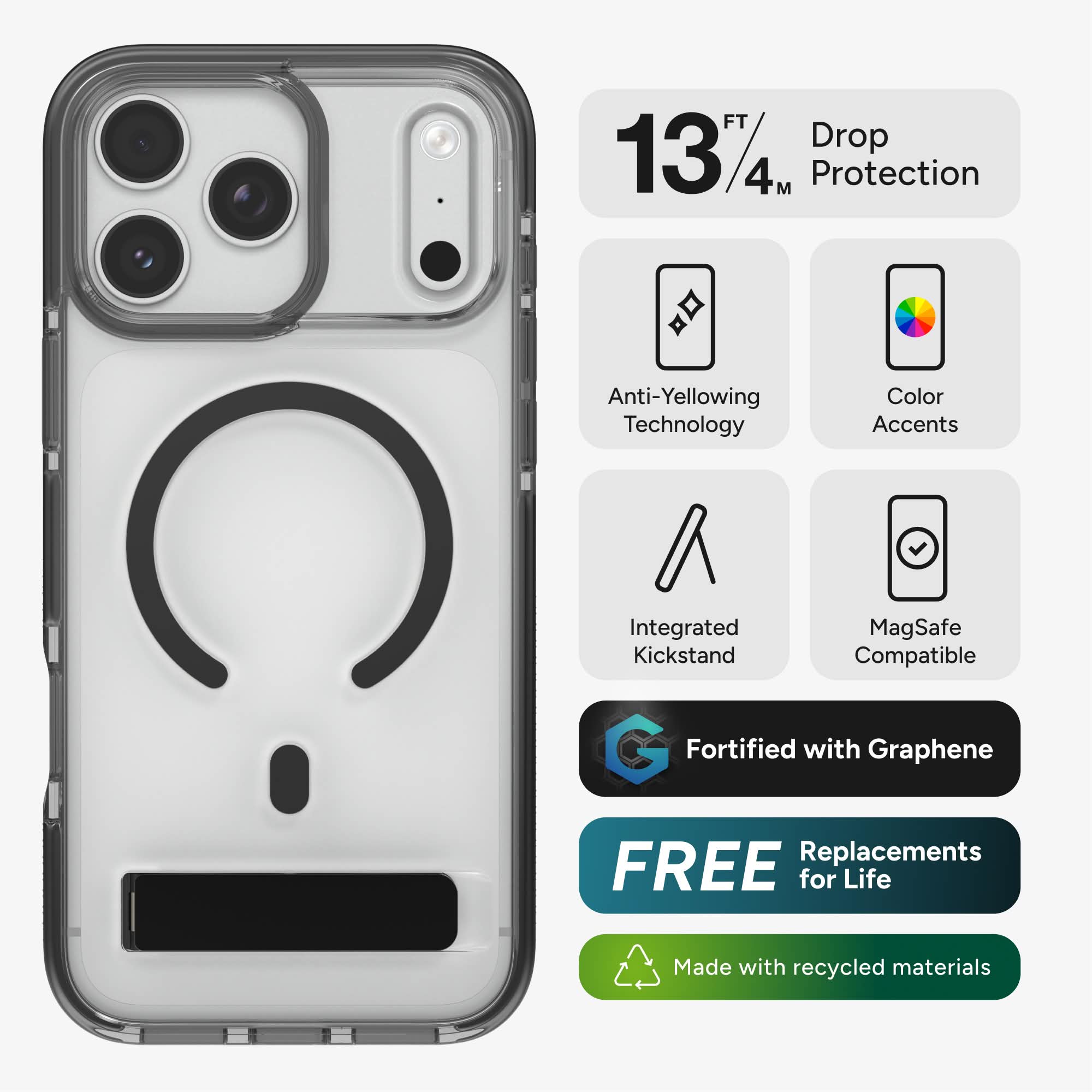 FT 13/4M Protection Anti-Yellowing Technology Color Accents Integrated MagSafe Kickstand Compatible Fortified with Graphene FREE Replacements for Life Made with recycled materials