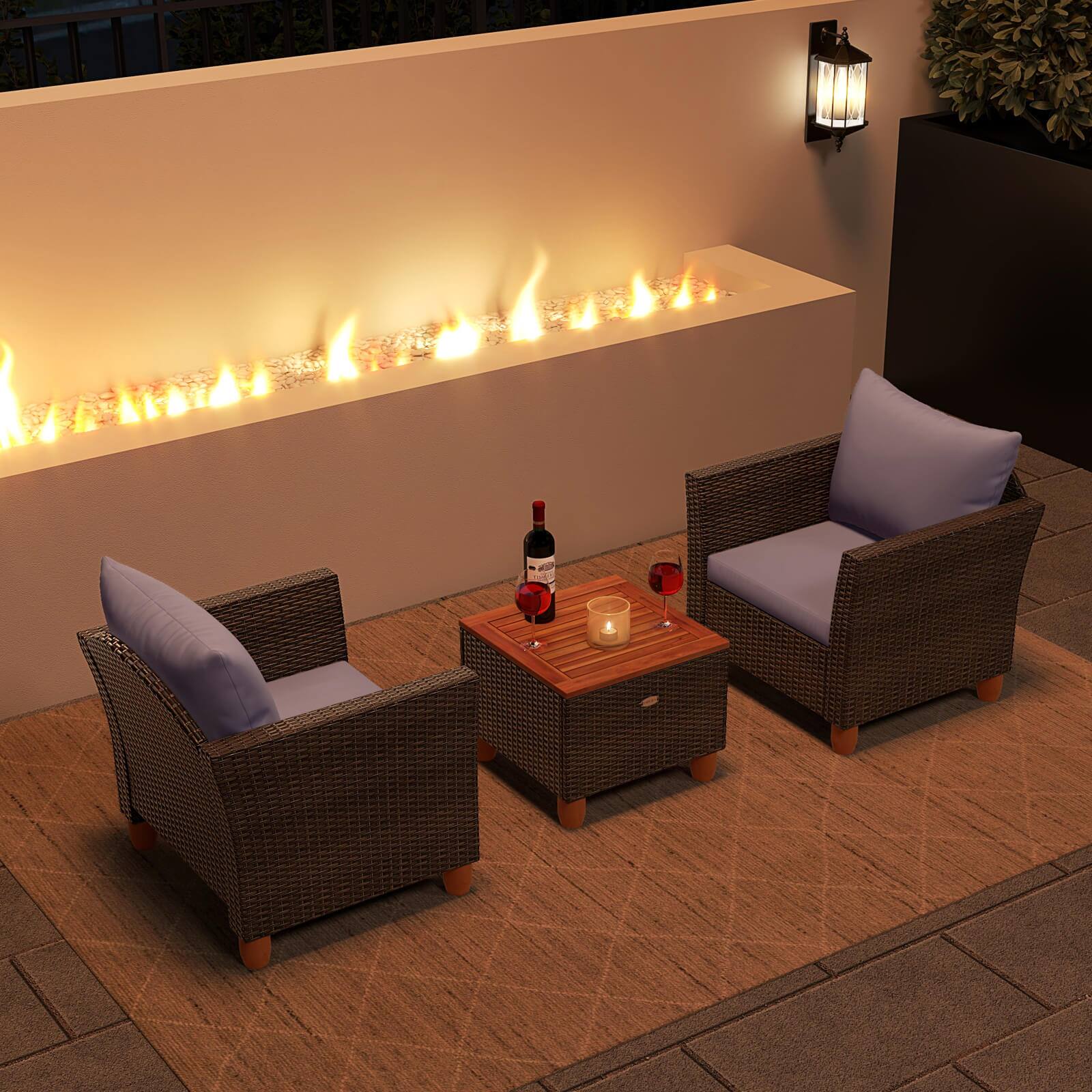 Alt View 3. Costway - 3 PCS Outdoor Patio Rattan Bistro Furniture Set Wooden Table Top Cushioned Sofa - Grey.